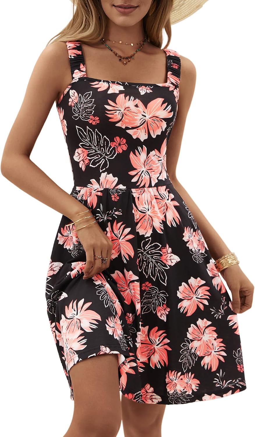 Women's Summer Casual Square Neck Dress with Pocket Cute Short Dress