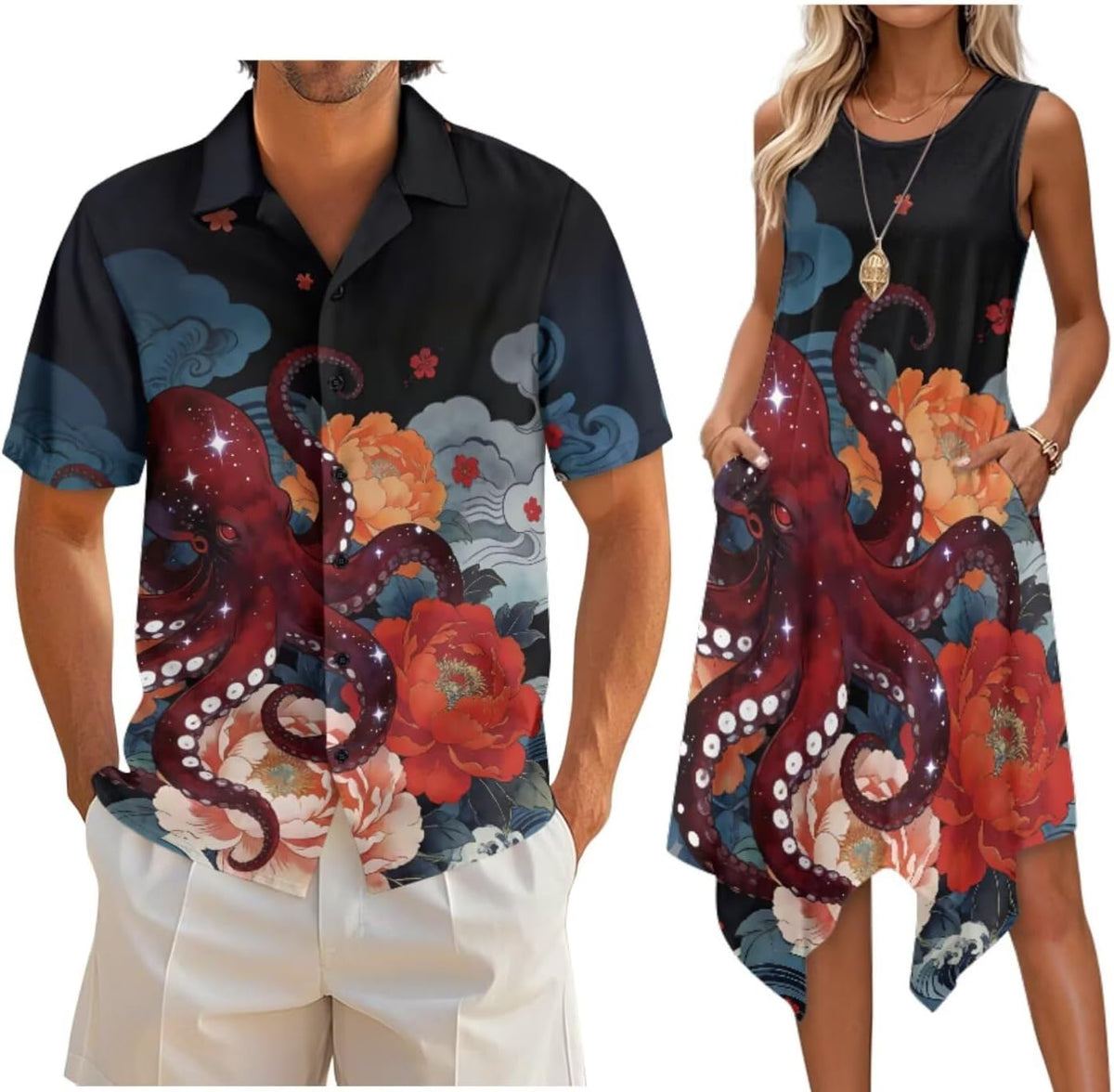 Couple Matching Outfit Hawaiian Men's Button Down Shirt Sleeveless Sundresses Dress Summer Dress for Women 2026