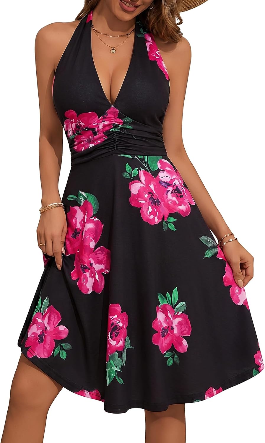 Women's Floral Halter Neck Sundress with Pockets