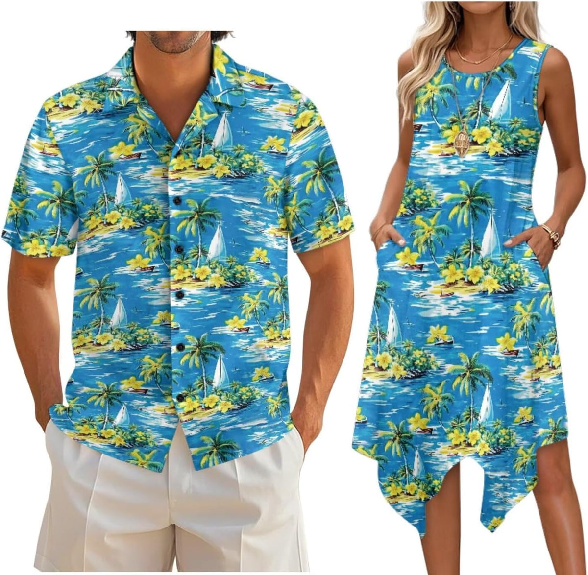 Couple Matching Outfit Hawaiian Men's Button Down Shirt Sleeveless Sundresses Dress Summer Dress for Women 2026