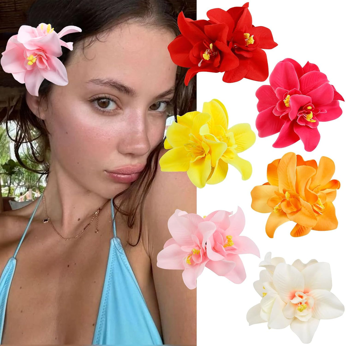 6Pcs Hawaiian Flower Hair Clips for Women, Bohemia Flower Hair Clip