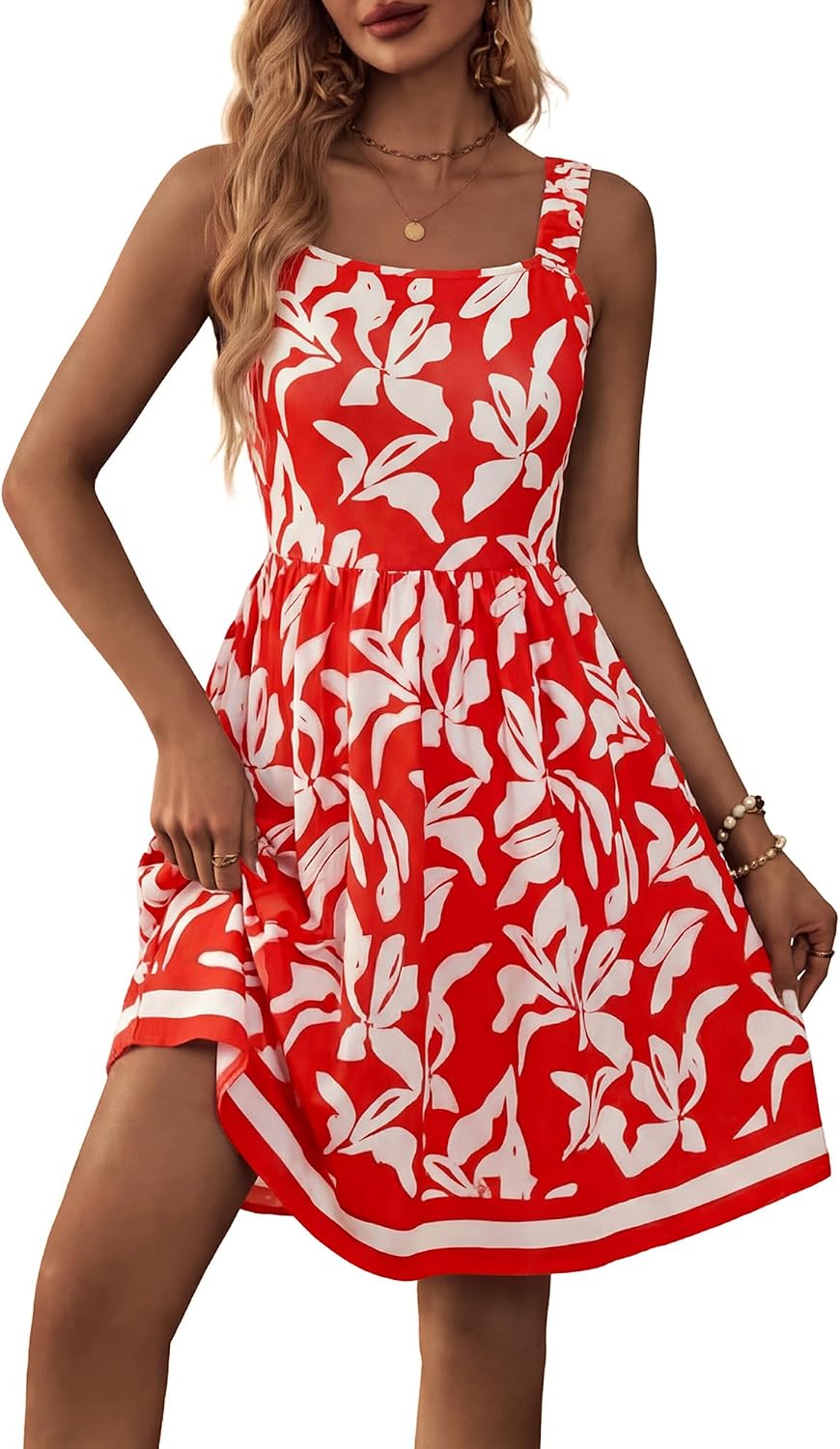 Women's Summer Casual Square Neck Dress with Pocket Cute Short Dress