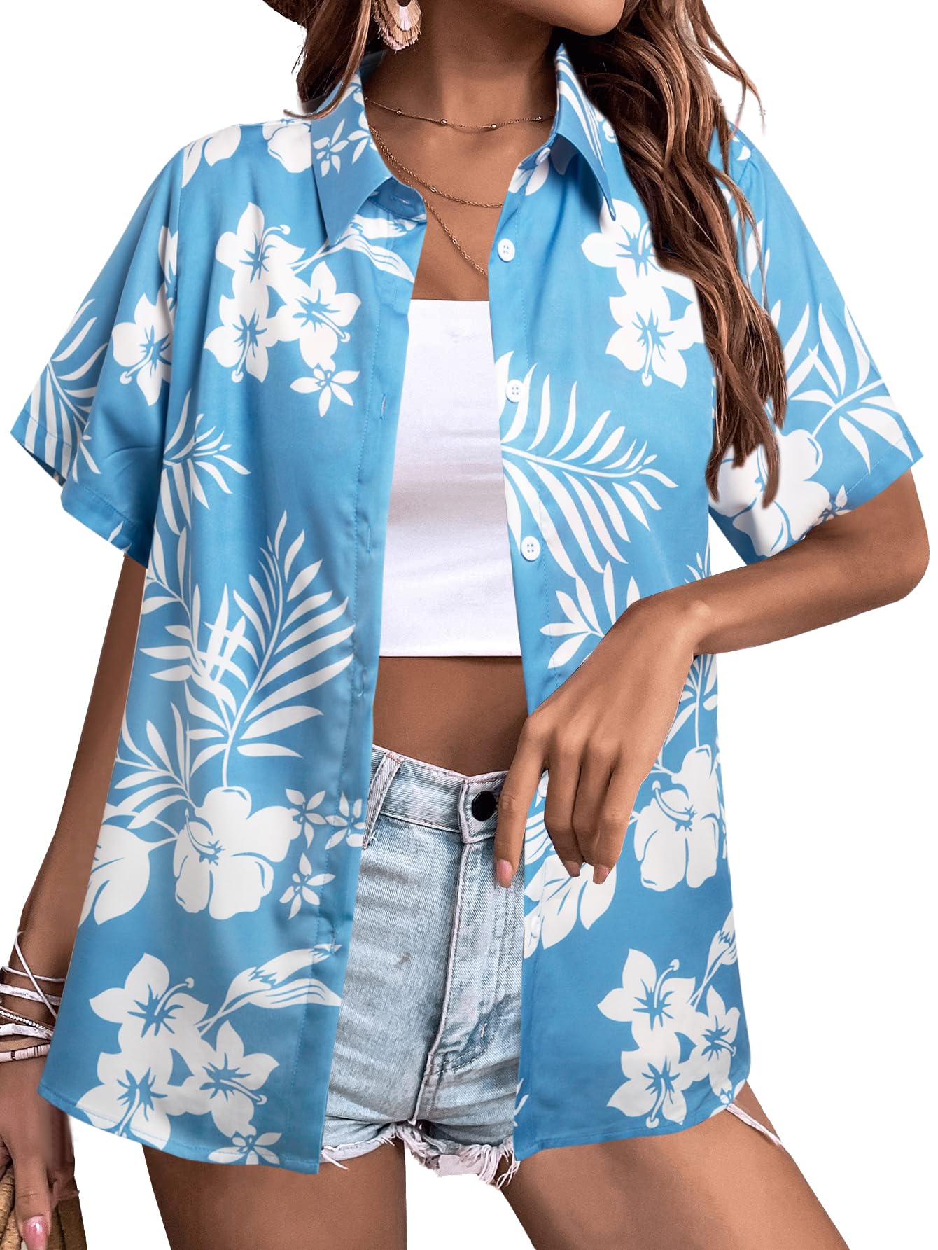 MYHALF Women Hawaiian Shirt Soft Cool Summer Hawaii Shirts Floral Tropic Print V Neck T-Shirt Short Sleeve Button Up Tops - Hawaiian Flair