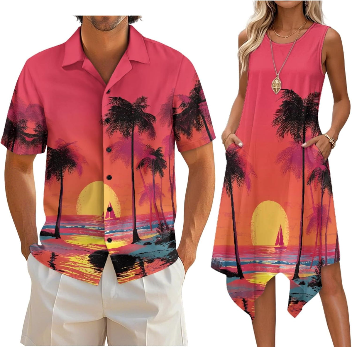 Couple Matching Outfit Hawaiian Men's Button Down Shirt Sleeveless Sundresses Dress Summer Dress for Women 2026
