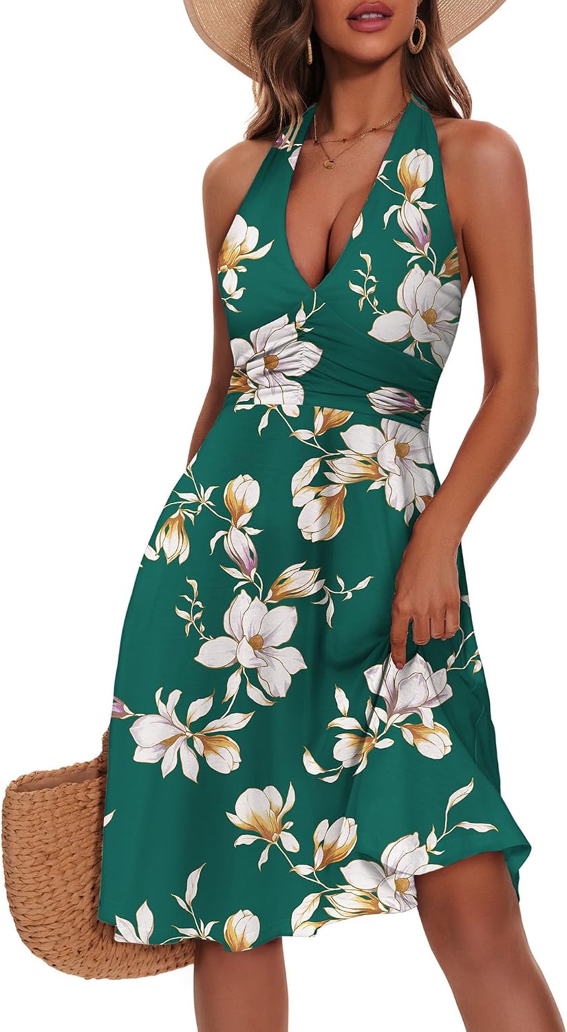 Women's Floral Halter Neck Sundress with Pockets