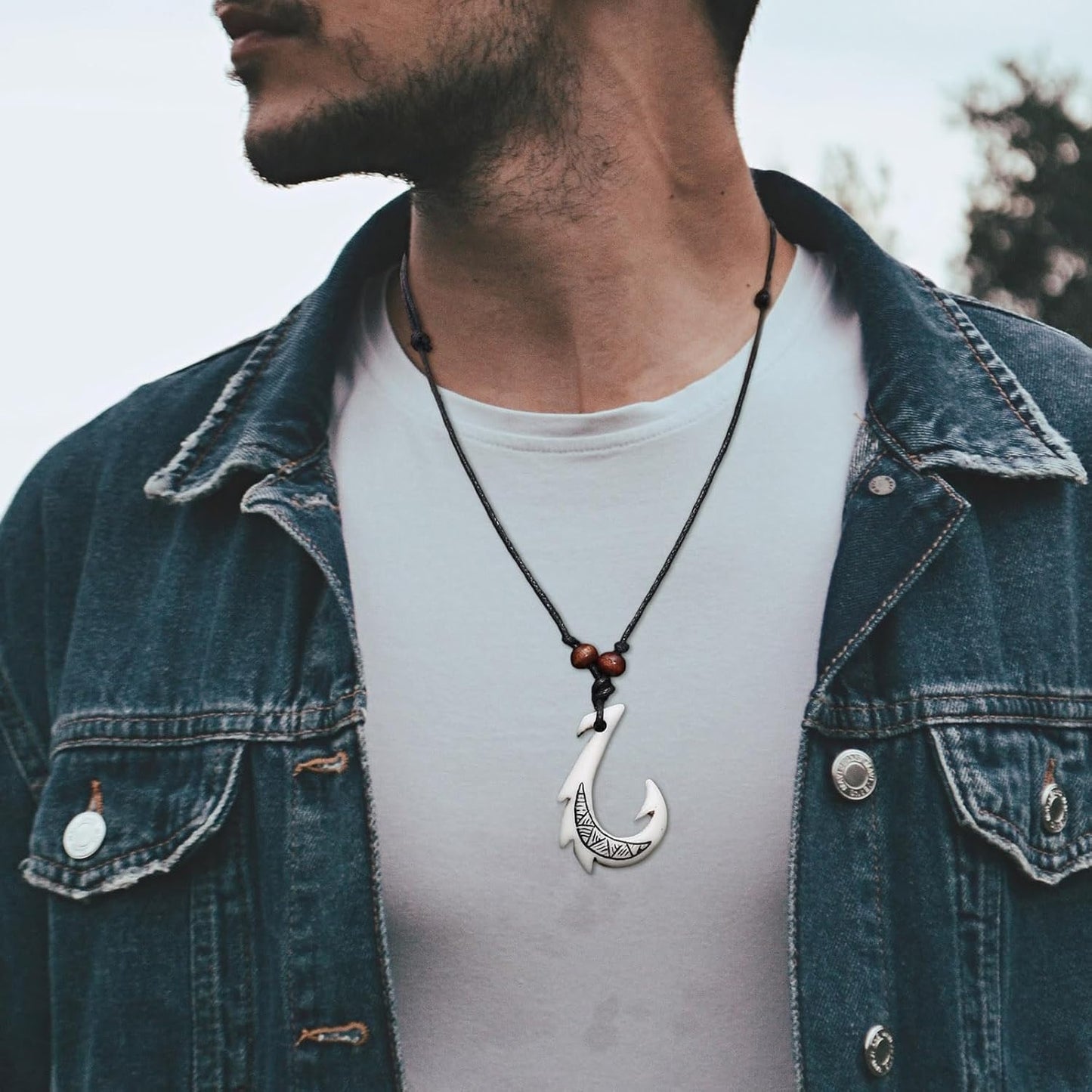 HZMAN Hawaiian Fish Hook Pendant Hemp Cord Chain - Maori Tribal Necklace
