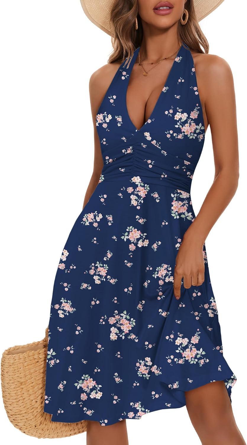 Women's Floral Halter Neck Sundress with Pockets