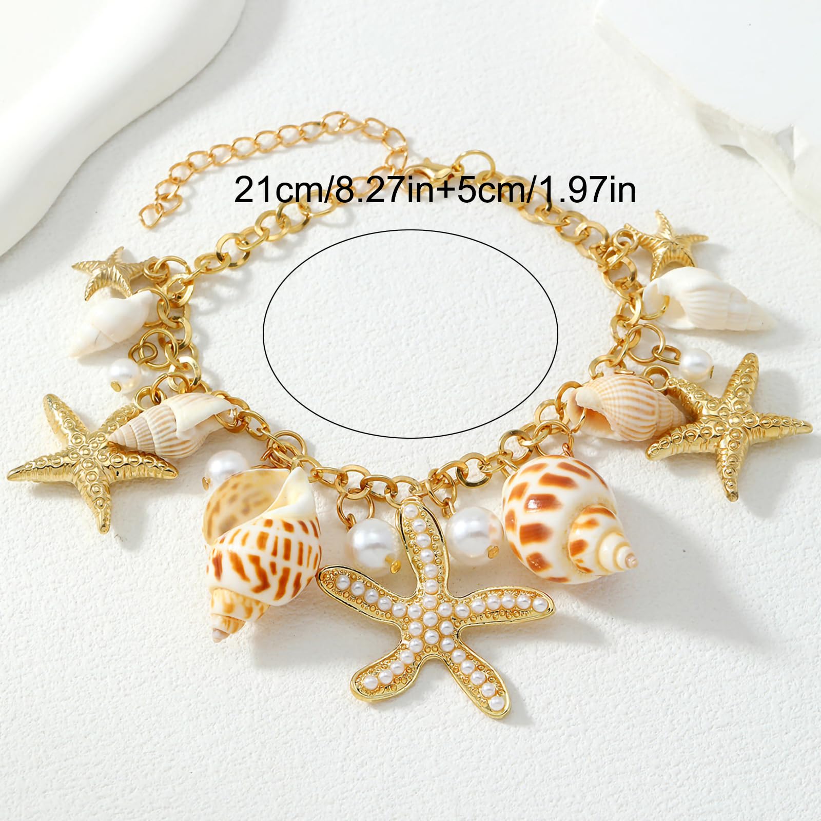 Shell Ankle Bracelet Set for Women, 14K Gold Boho Bead Adjustable Anklet, Hawaiian Beach Seashell Pearl Heart Starfish Conch Foot Jewelry Gifts - Hawaiian Flair