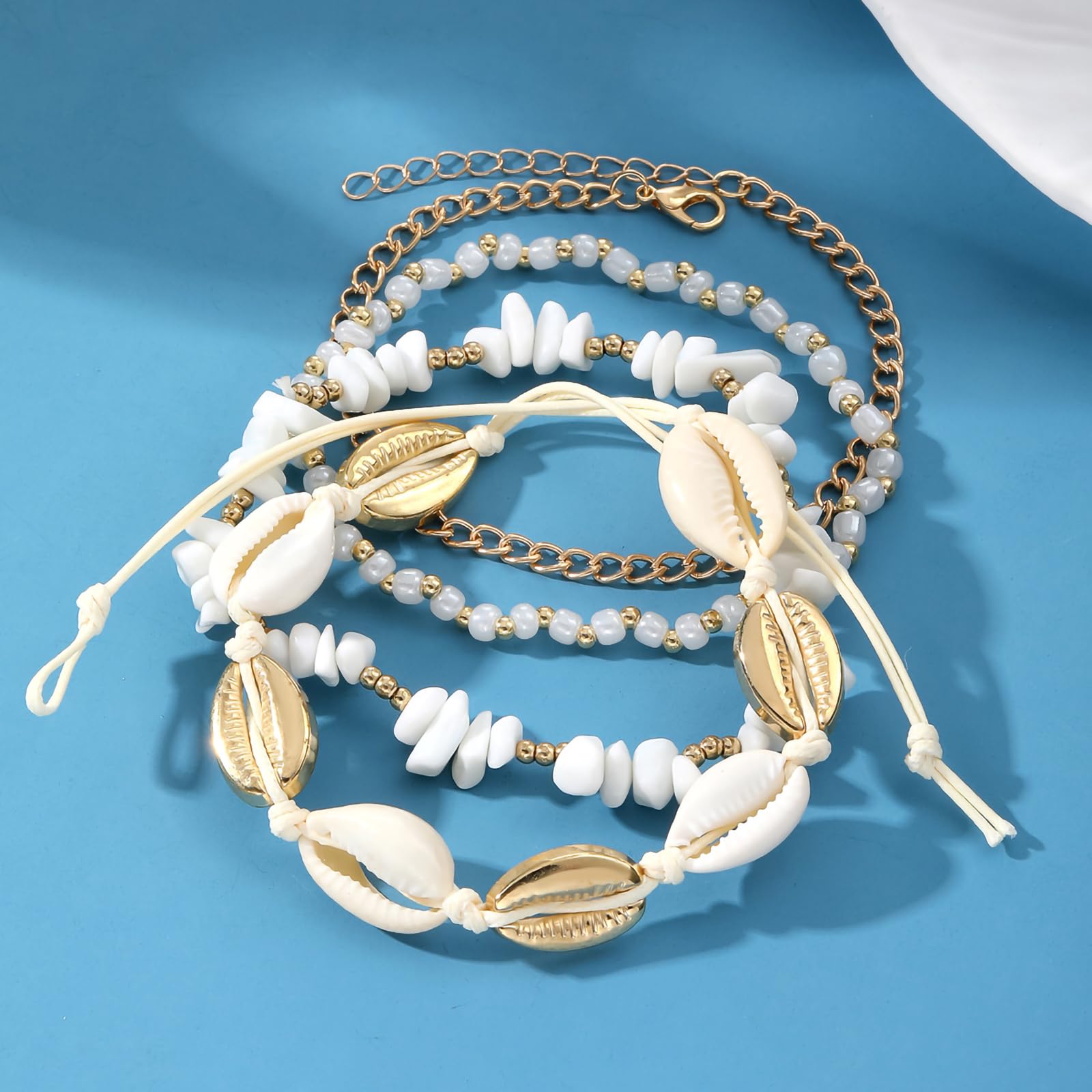 Shell Ankle Bracelet Set for Women, 14K Gold Boho Bead Adjustable Anklet, Hawaiian Beach Seashell Pearl Heart Starfish Conch Foot Jewelry Gifts - Hawaiian Flair