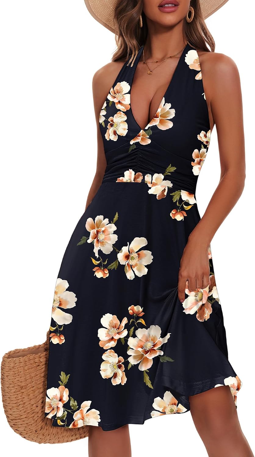 Women's Floral Halter Neck Sundress with Pockets