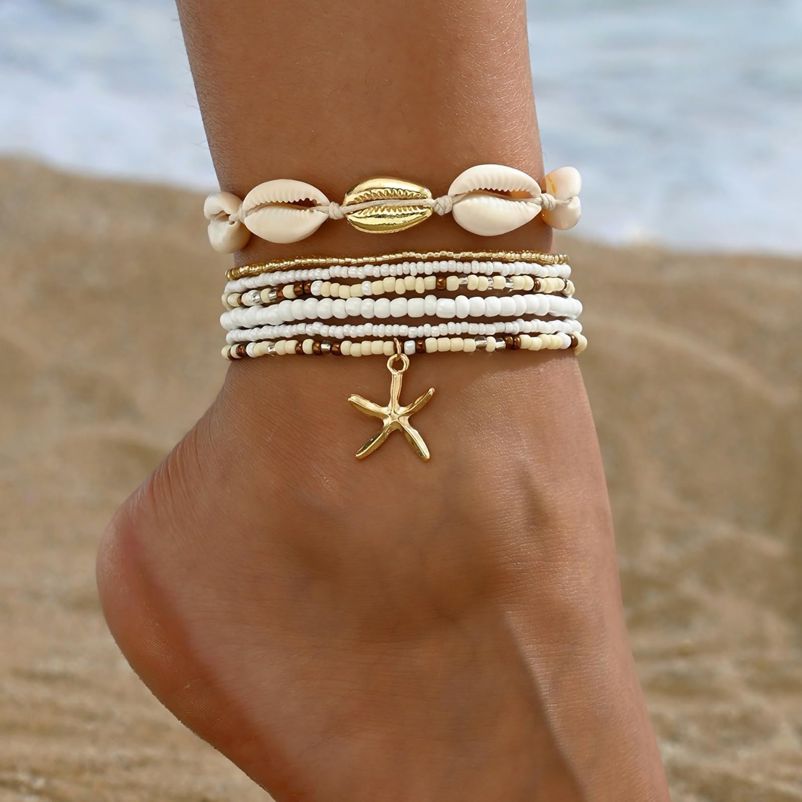 Shell Ankle Bracelet Set for Women, 14K Gold Boho Bead Adjustable Anklet, Hawaiian Beach Seashell Pearl Heart Starfish Conch Foot Jewelry Gifts - Hawaiian Flair