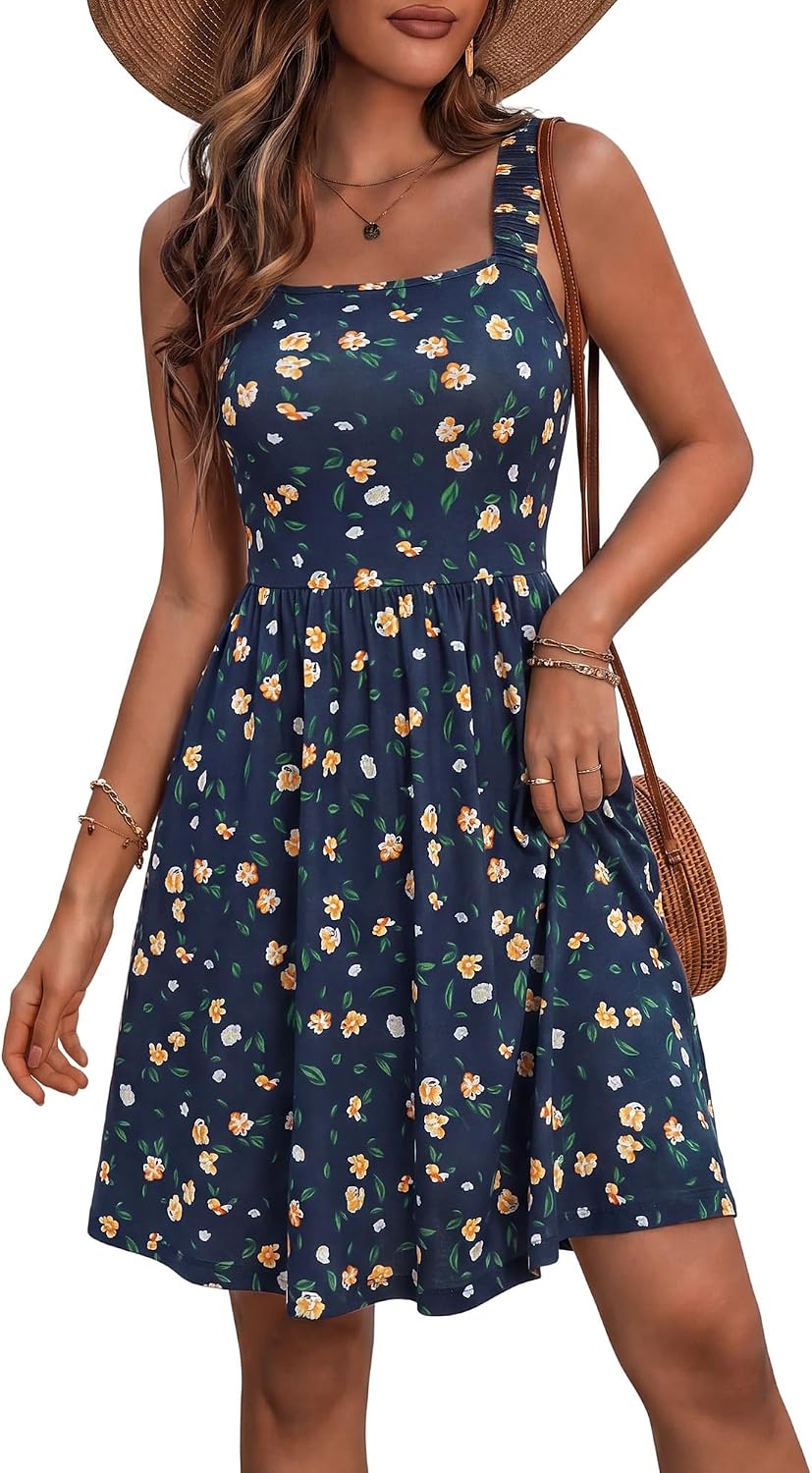 Women's Summer Casual Square Neck Dress with Pocket Cute Short Dress