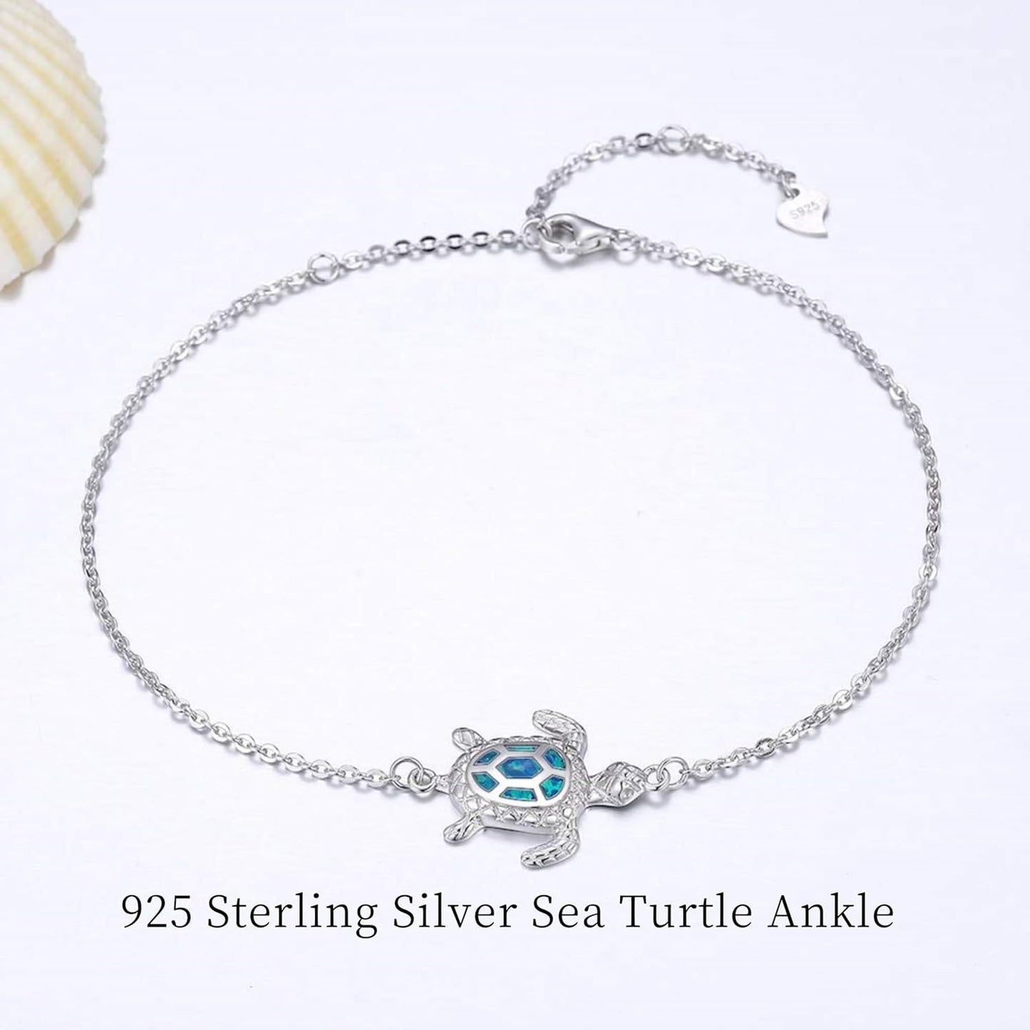 Blue Opal Sea Turtle Ankle Sterling Silver Anklet Fine Jewelry for Women Gifts 4 Level Adjustable Anklet (Large Bracelet) - Hawaiian Flair