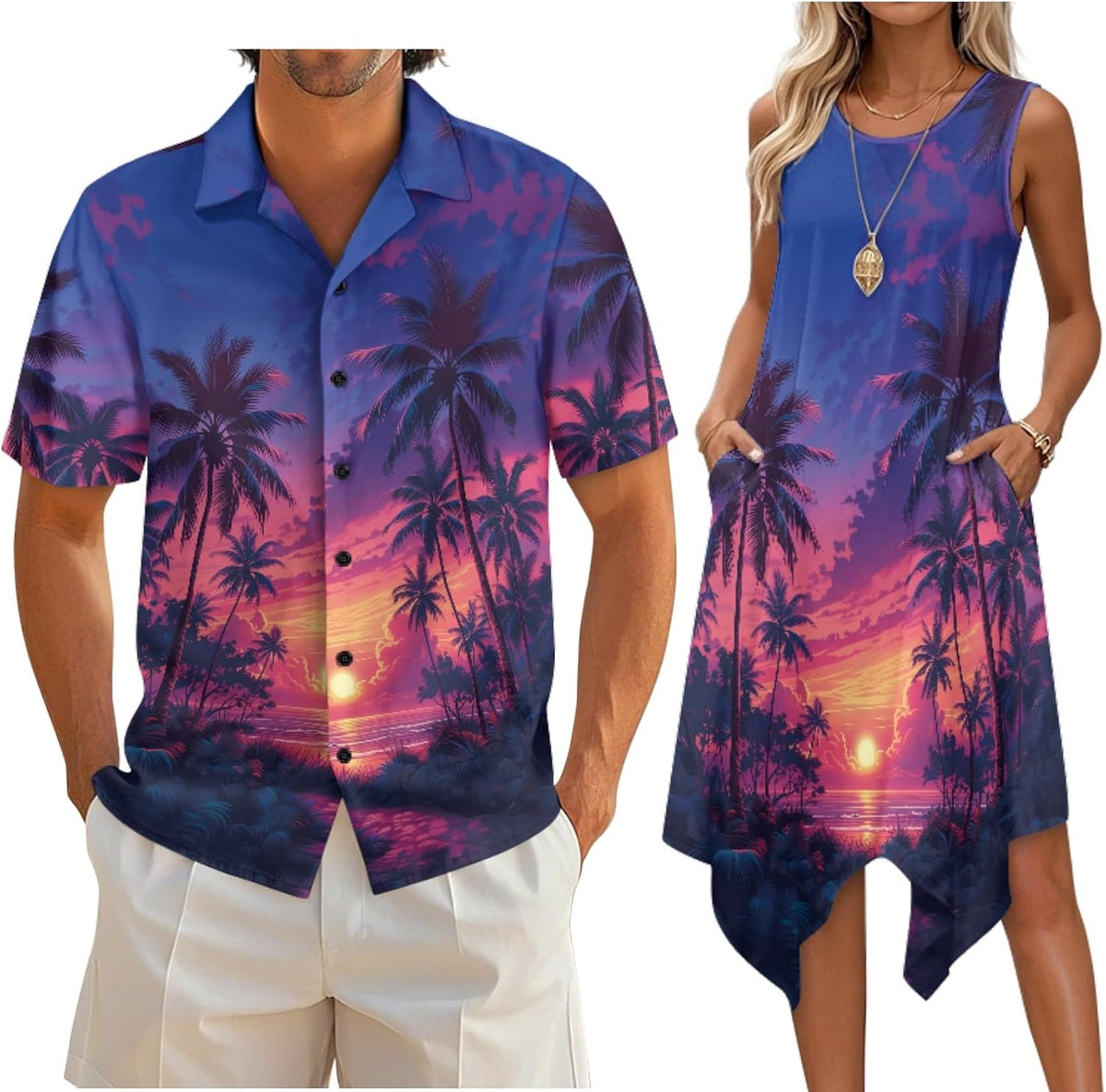 Couple Matching Outfit Hawaiian Men's Button Down Shirt Sleeveless Sundresses Dress Summer Dress for Women 2026