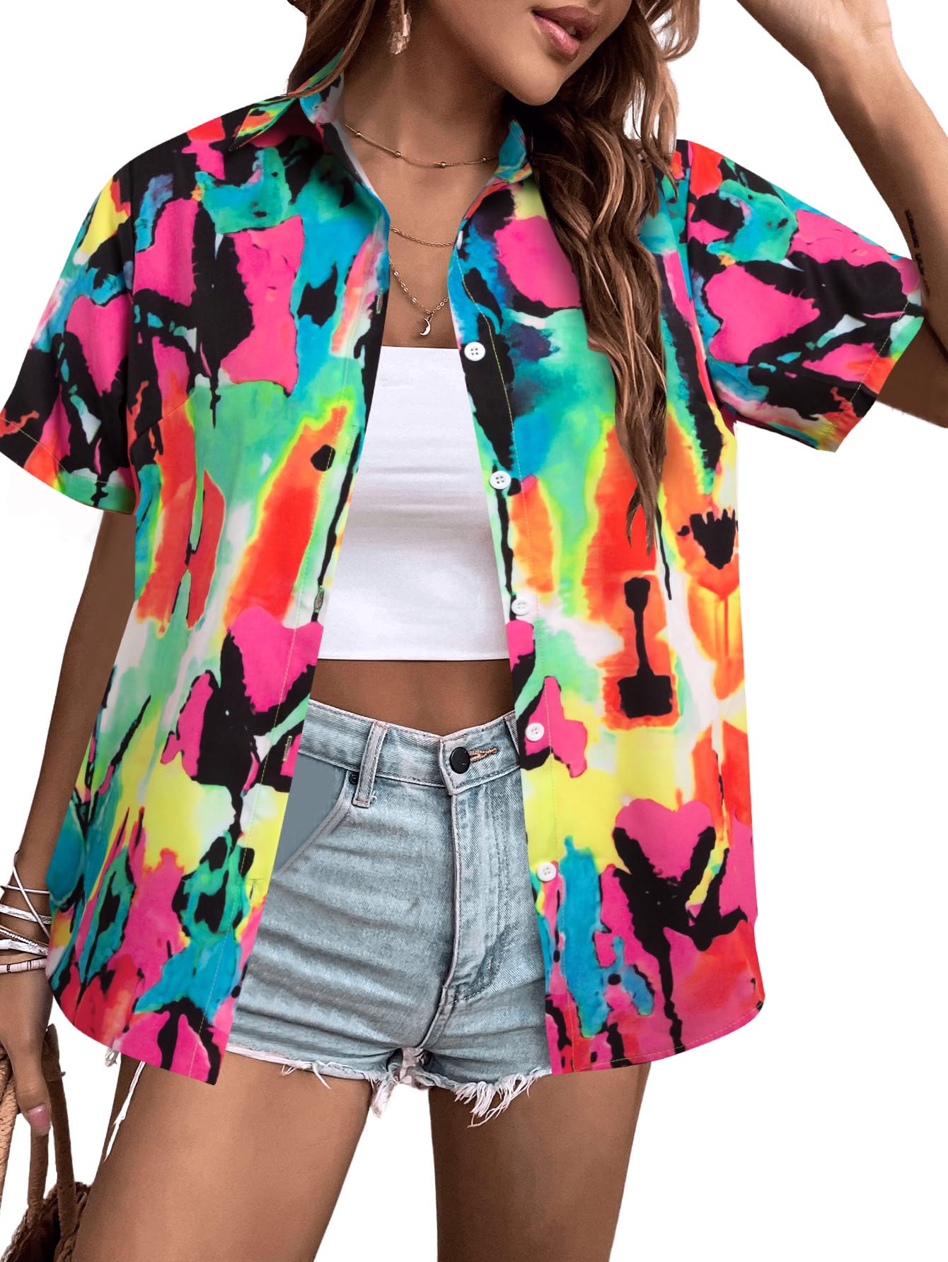 MYHALF Women Hawaiian Shirt Soft Cool Summer Hawaii Shirts Floral Tropic Print V Neck T-Shirt Short Sleeve Button Up Tops - Hawaiian Flair