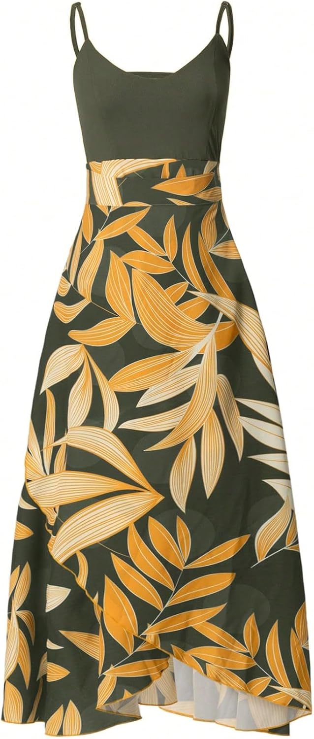 SKAYS Tropical Dresses for Women Summer Wrap Dress Boho Spaghetti Strap Backless Slit Thigh Maxi Dress