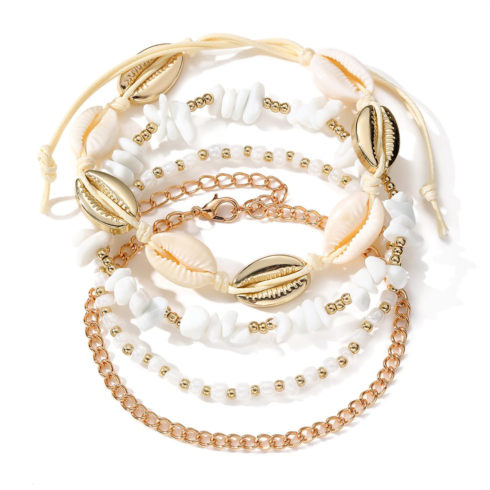 Shell Ankle Bracelet Set for Women, 14K Gold Boho Bead Adjustable Anklet, Hawaiian Beach Seashell Pearl Heart Starfish Conch Foot Jewelry Gifts - Hawaiian Flair
