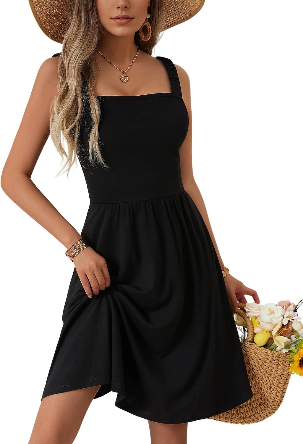 Women's Summer Casual Square Neck Dress with Pocket Cute Short Dress