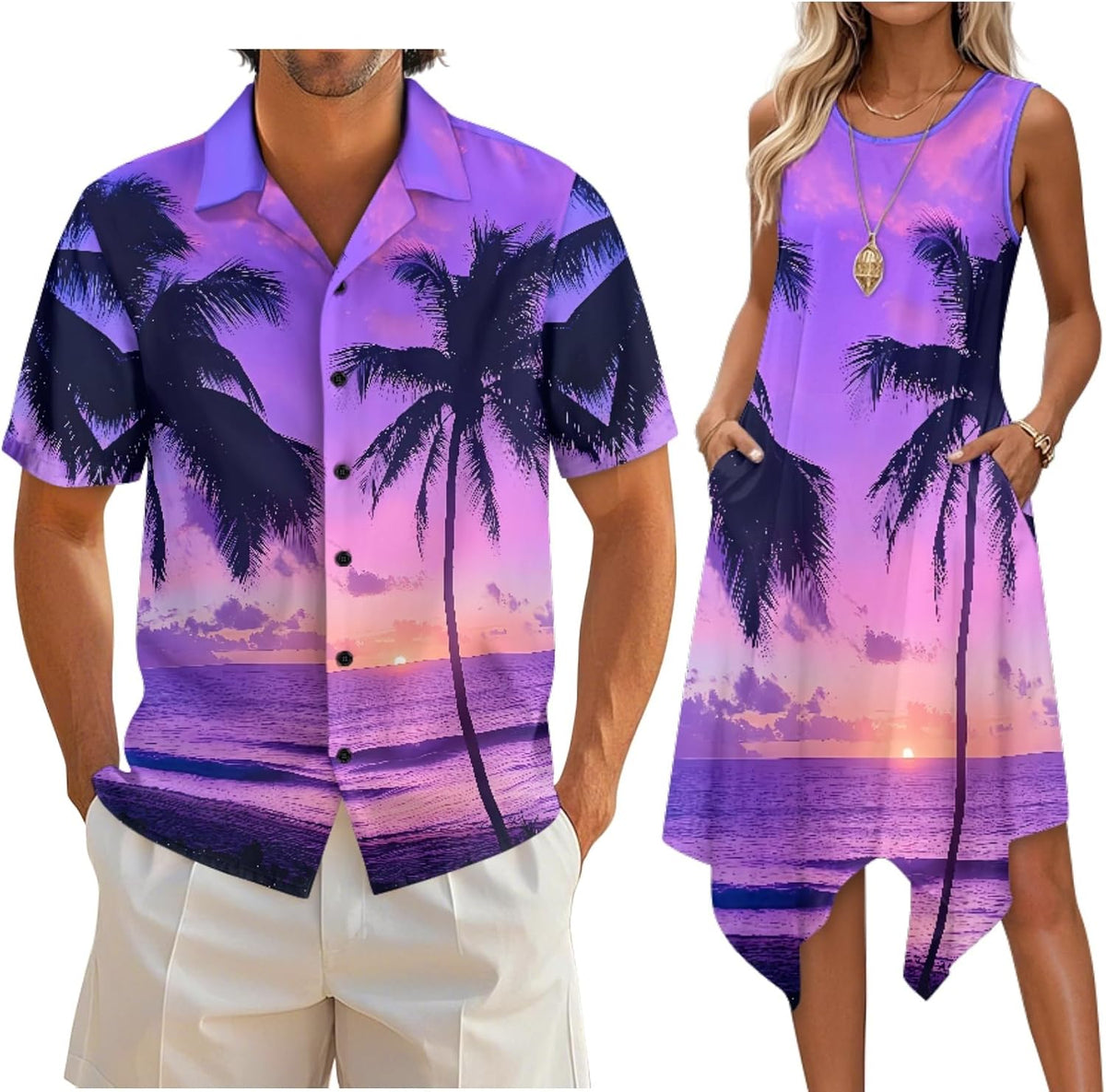 Couple Matching Outfit Hawaiian Men's Button Down Shirt Sleeveless Sundresses Dress Summer Dress for Women 2026