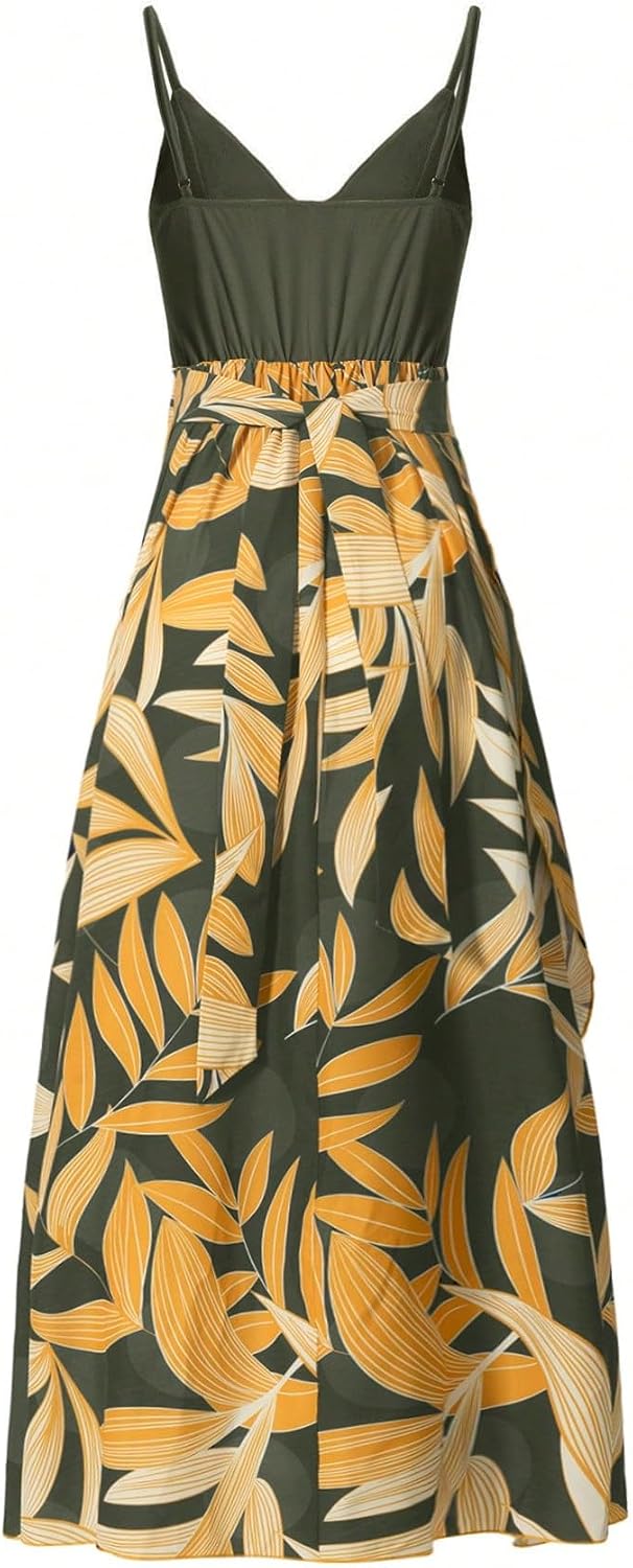 SKAYS Tropical Dresses for Women Summer Wrap Dress Boho Spaghetti Strap Backless Slit Thigh Maxi Dress