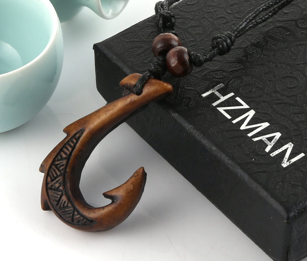 HZMAN Hawaiian Fish Hook Pendant Hemp Cord Chain - Maori Tribal Necklace