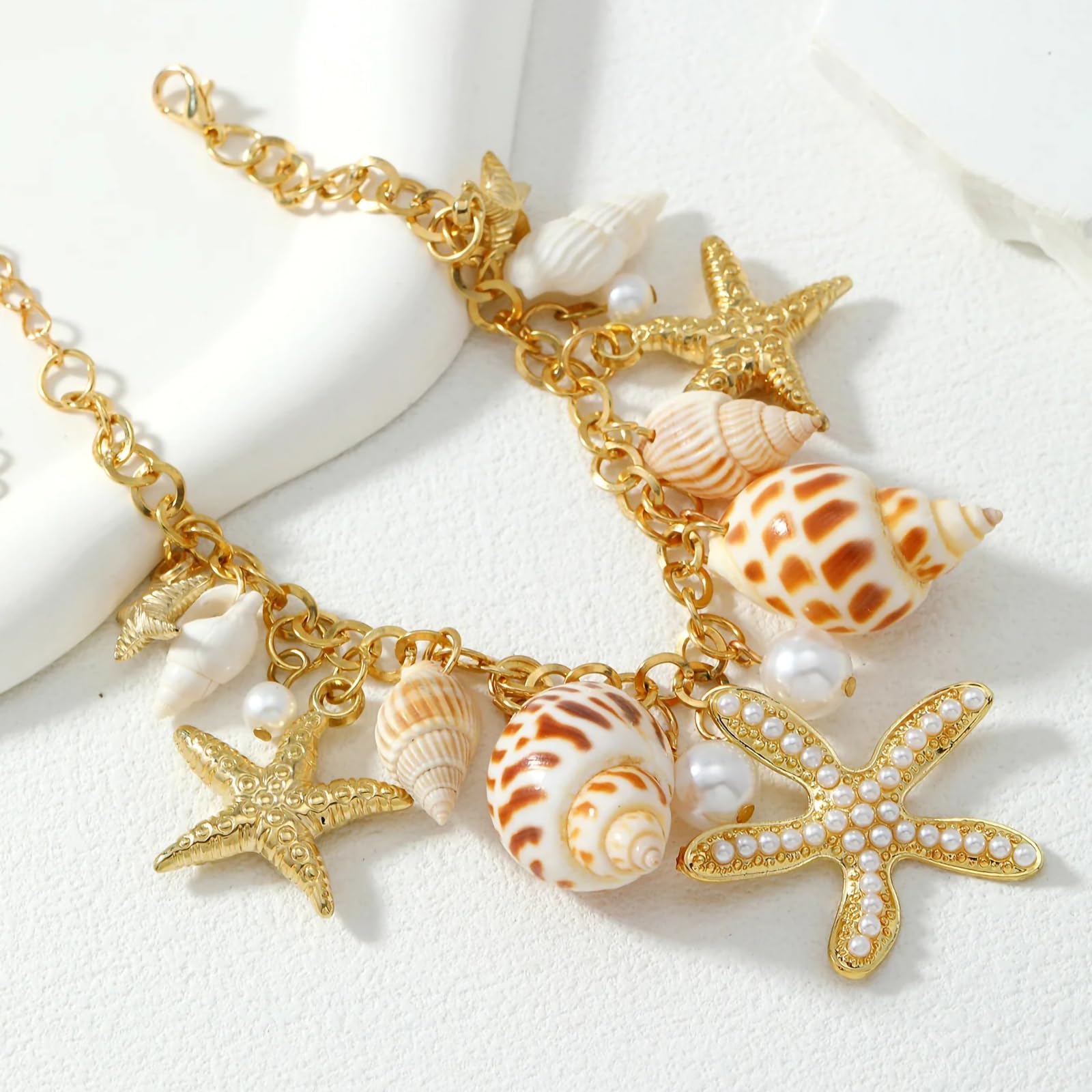 Shell Ankle Bracelet Set for Women, 14K Gold Boho Bead Adjustable Anklet, Hawaiian Beach Seashell Pearl Heart Starfish Conch Foot Jewelry Gifts - Hawaiian Flair