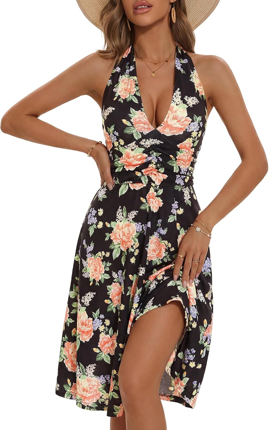 Women's Floral Halter Neck Sundress with Pockets