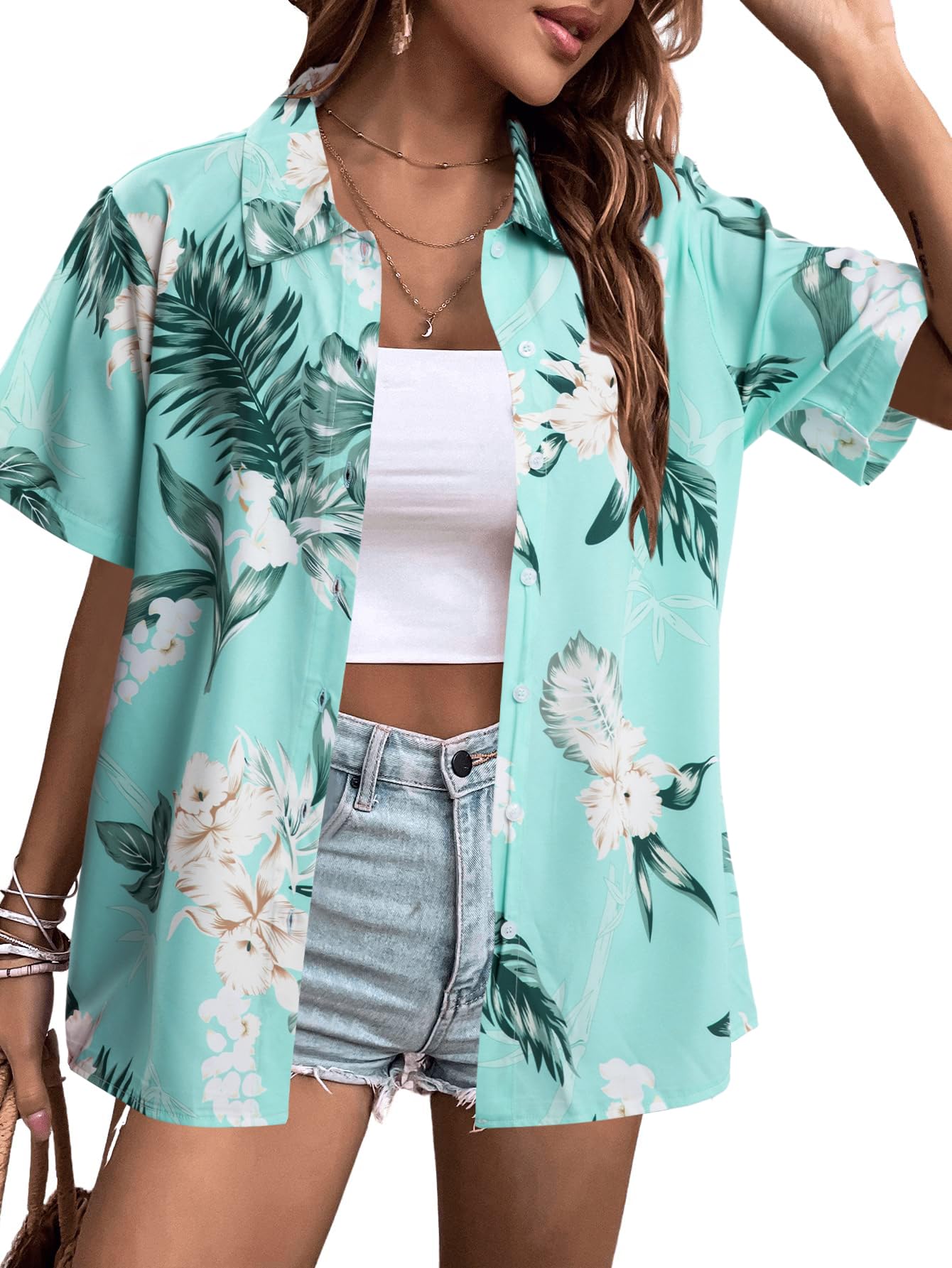MYHALF Women Hawaiian Shirt Soft Cool Summer Hawaii Shirts Floral Tropic Print V Neck T-Shirt Short Sleeve Button Up Tops - Hawaiian Flair