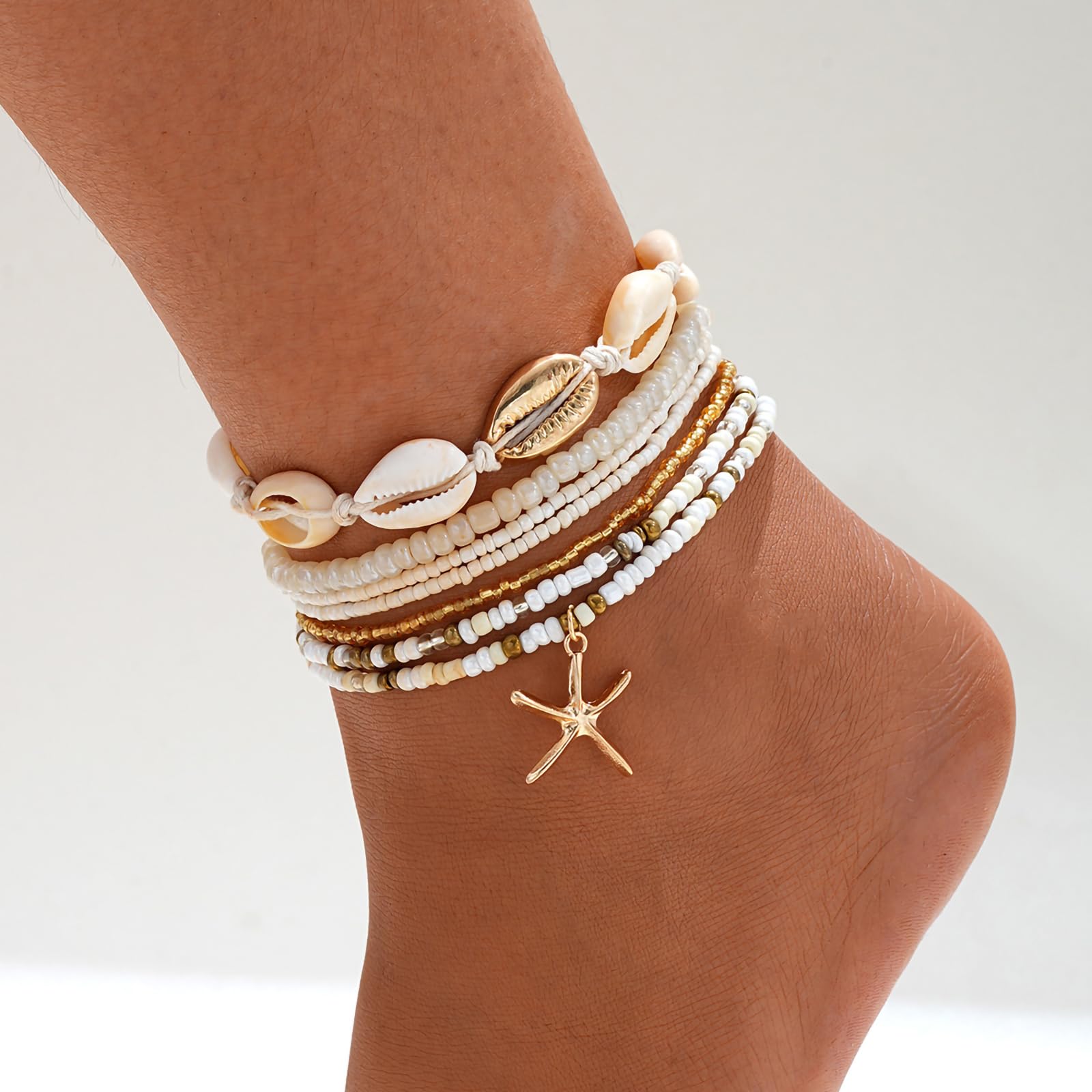 Shell Ankle Bracelet Set for Women, 14K Gold Boho Bead Adjustable Anklet, Hawaiian Beach Seashell Pearl Heart Starfish Conch Foot Jewelry Gifts - Hawaiian Flair