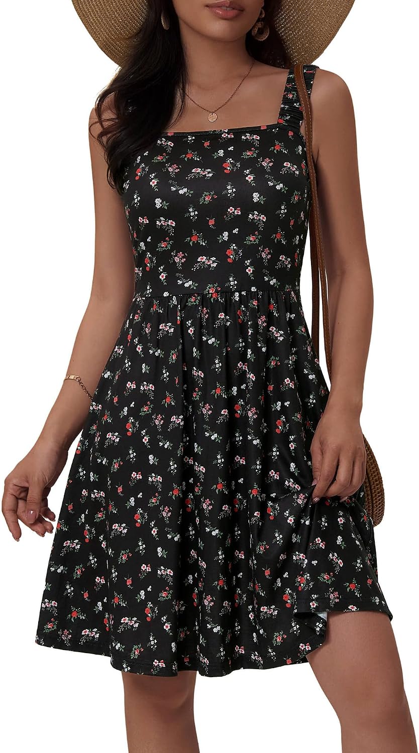 Women's Summer Casual Square Neck Dress with Pocket Cute Short Dress