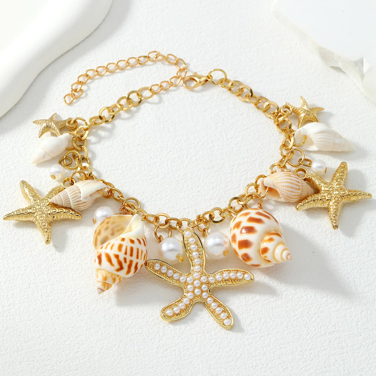 Shell Ankle Bracelet Set for Women, 14K Gold Boho Bead Adjustable Anklet, Hawaiian Beach Seashell Pearl Heart Starfish Conch Foot Jewelry Gifts - Hawaiian Flair