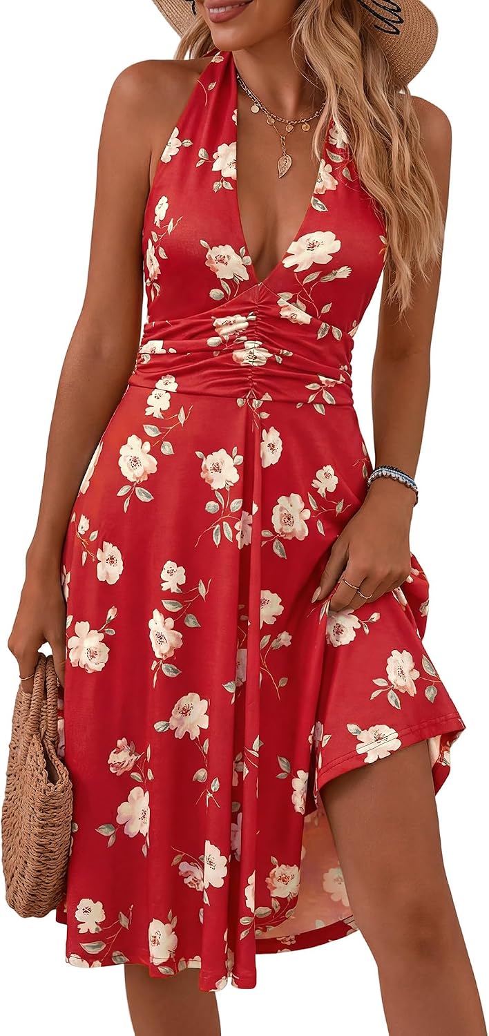Women's Floral Halter Neck Sundress with Pockets