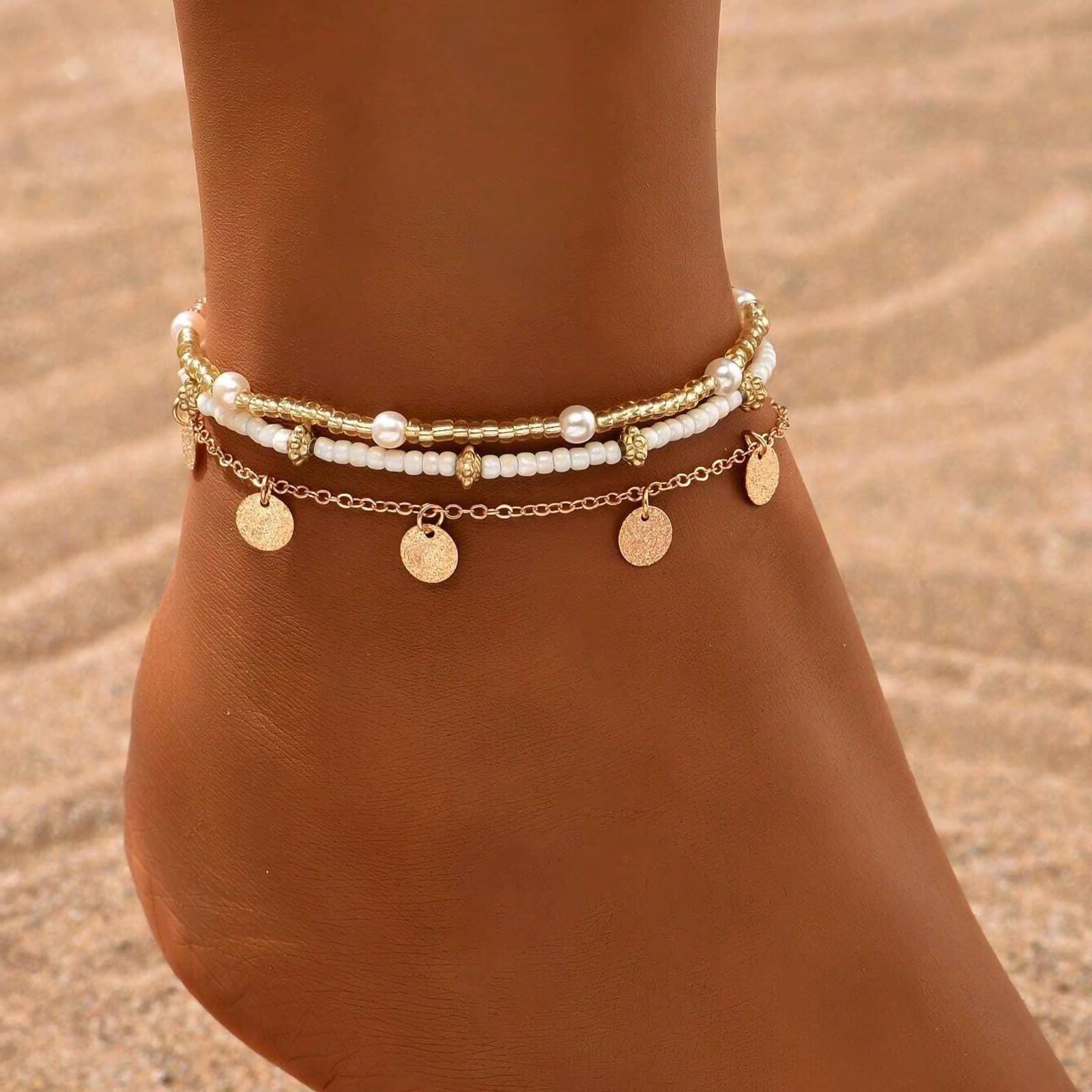 Shell Ankle Bracelet Set for Women, 14K Gold Boho Bead Adjustable Anklet, Hawaiian Beach Seashell Pearl Heart Starfish Conch Foot Jewelry Gifts - Hawaiian Flair