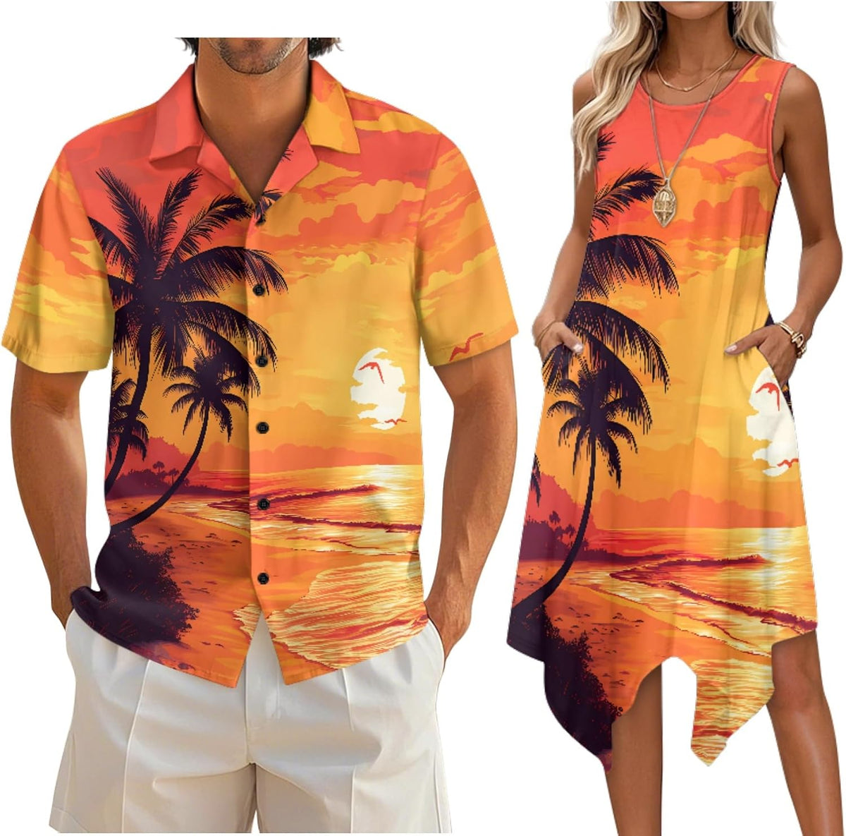 Couple Matching Outfit Hawaiian Men's Button Down Shirt Sleeveless Sundresses Dress Summer Dress for Women 2026