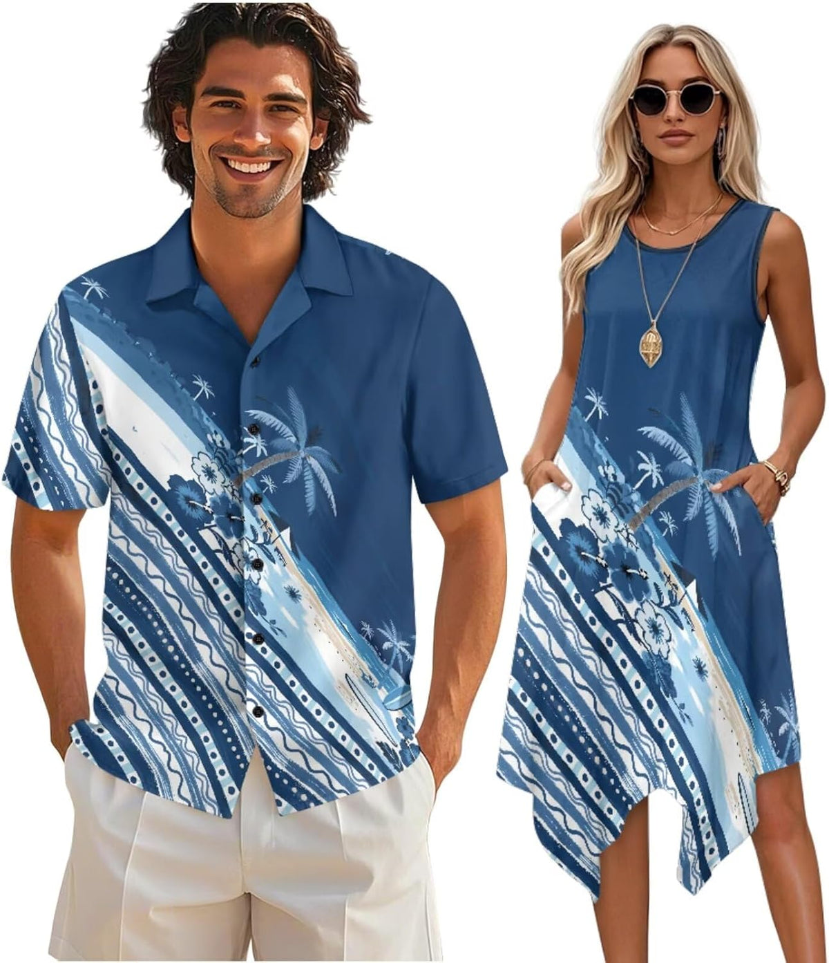 Couple Matching Outfit Hawaiian Men's Button Down Shirt Sleeveless Sundresses Dress Summer Dress for Women 2026