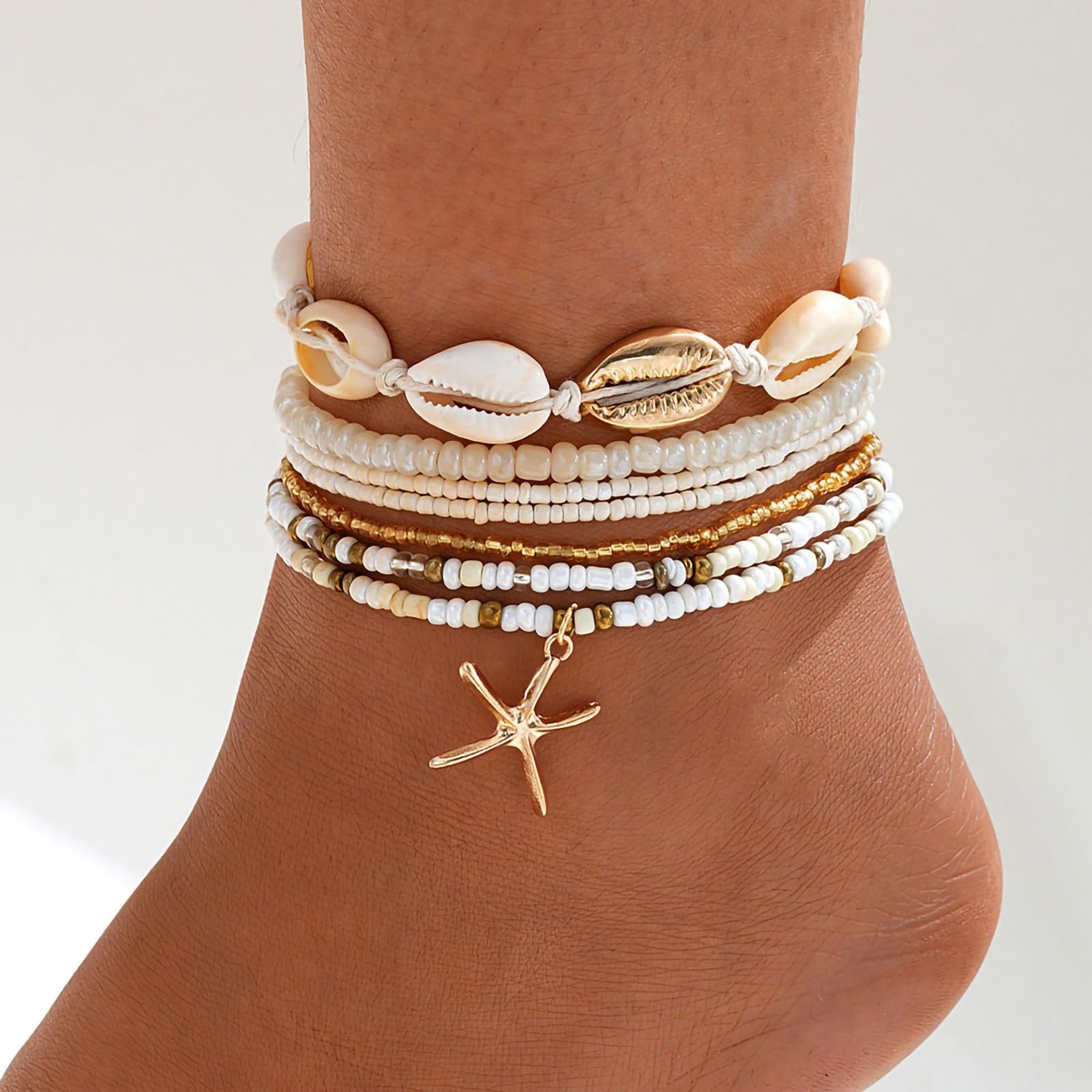 Shell Ankle Bracelet Set for Women, 14K Gold Boho Bead Adjustable Anklet, Hawaiian Beach Seashell Pearl Heart Starfish Conch Foot Jewelry Gifts - Hawaiian Flair