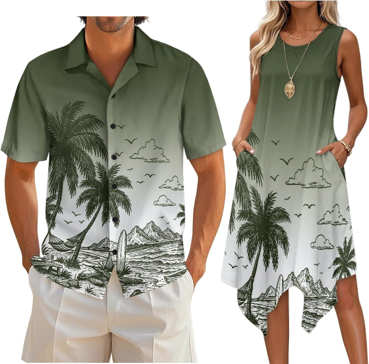 Couple Matching Outfit Hawaiian Men's Button Down Shirt Sleeveless Sundresses Dress Summer Dress for Women 2026