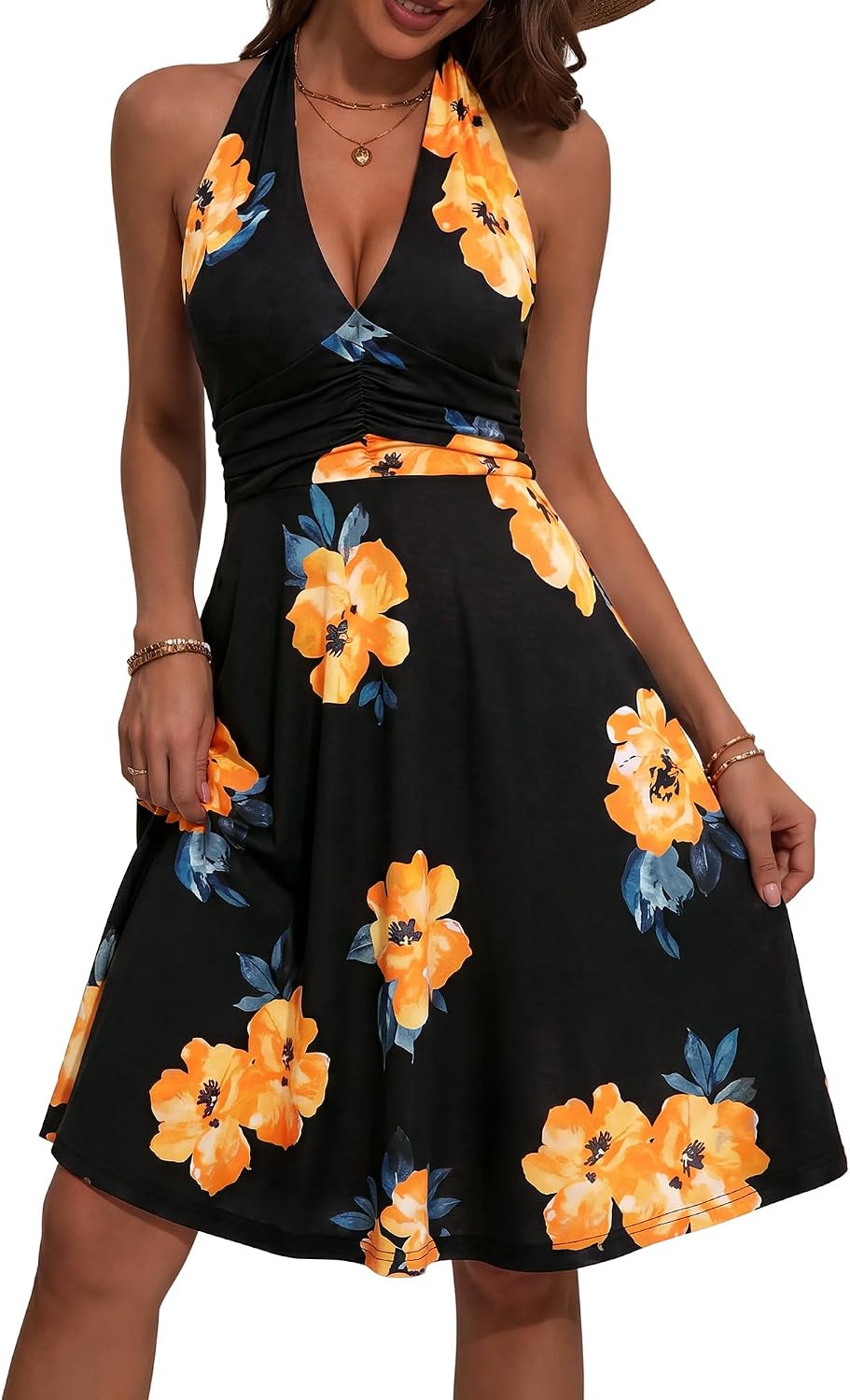 Women's Floral Halter Neck Sundress with Pockets