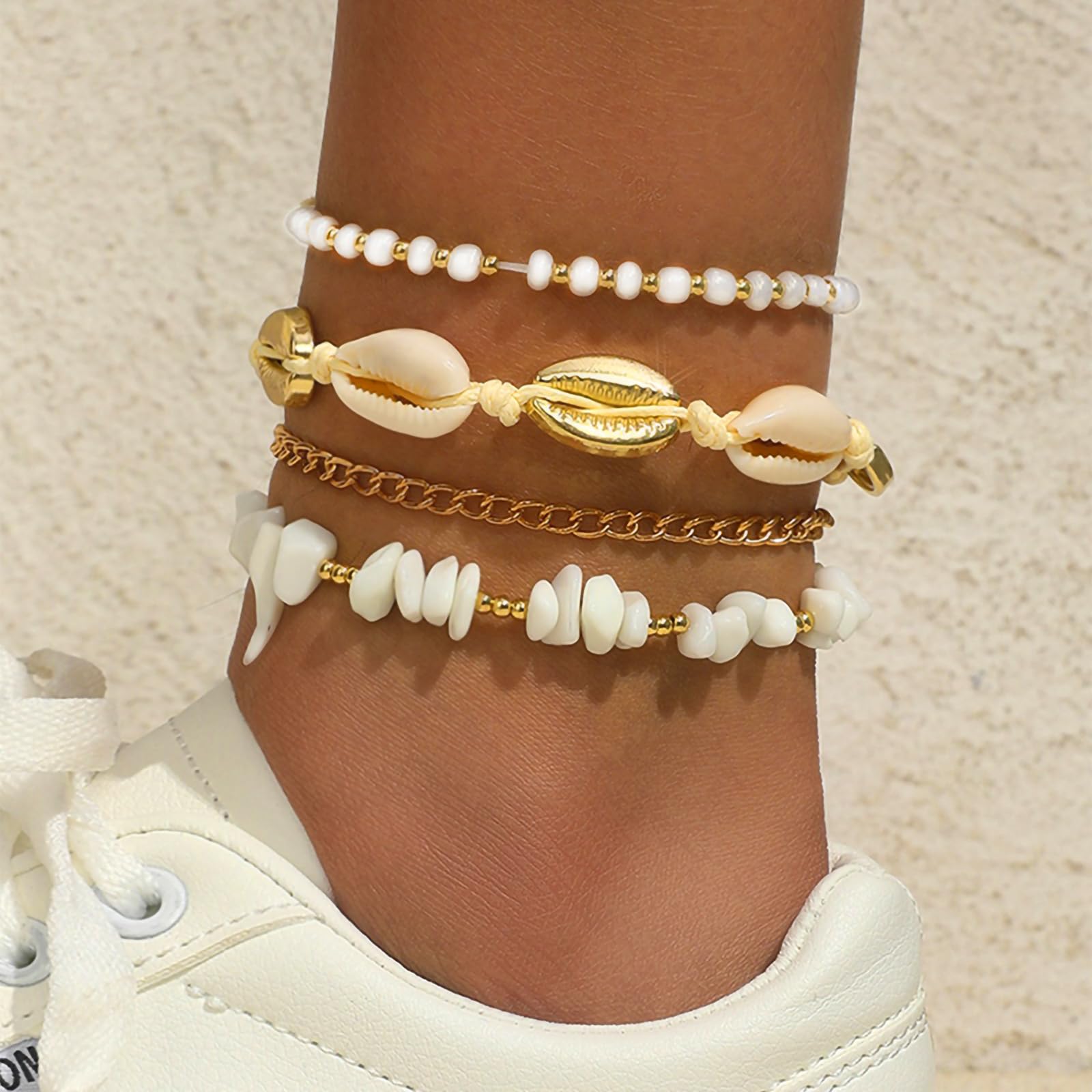 Shell Ankle Bracelet Set for Women, 14K Gold Boho Bead Adjustable Anklet, Hawaiian Beach Seashell Pearl Heart Starfish Conch Foot Jewelry Gifts - Hawaiian Flair