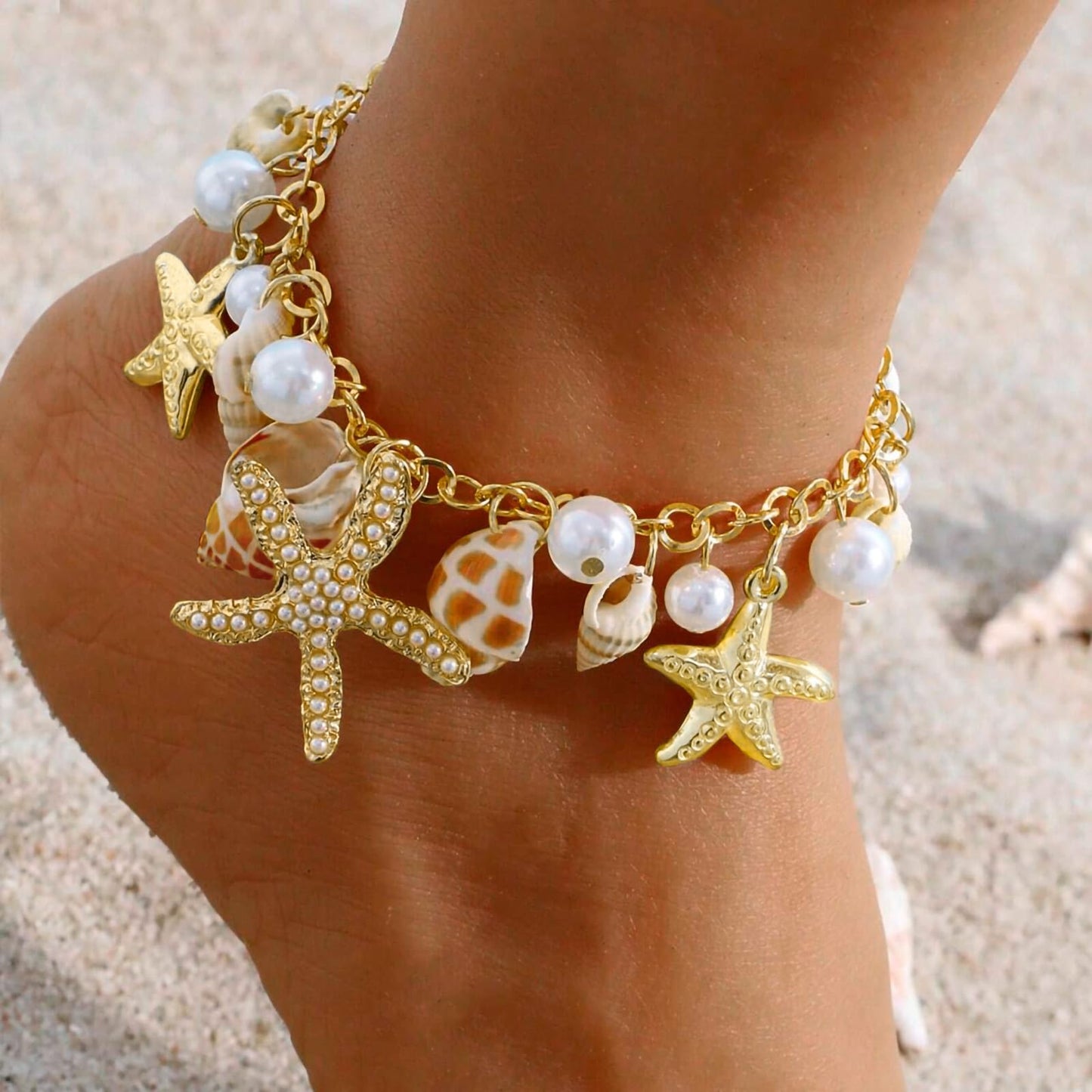 Shell Ankle Bracelet Set for Women, 14K Gold Boho Bead Adjustable Anklet, Hawaiian Beach Seashell Pearl Heart Starfish Conch Foot Jewelry Gifts - Hawaiian Flair