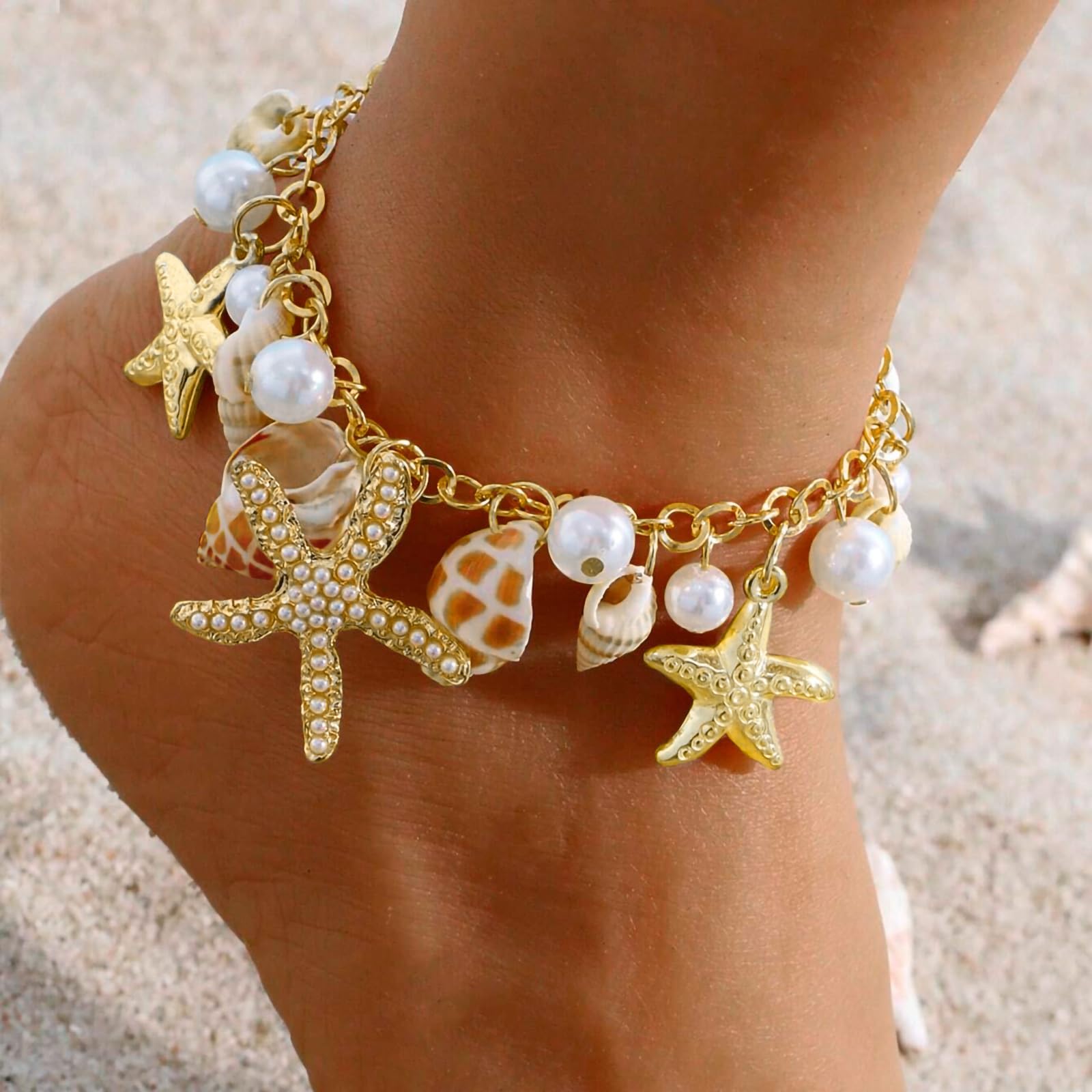 Shell Ankle Bracelet Set for Women, 14K Gold Boho Bead Adjustable Anklet, Hawaiian Beach Seashell Pearl Heart Starfish Conch Foot Jewelry Gifts - Hawaiian Flair