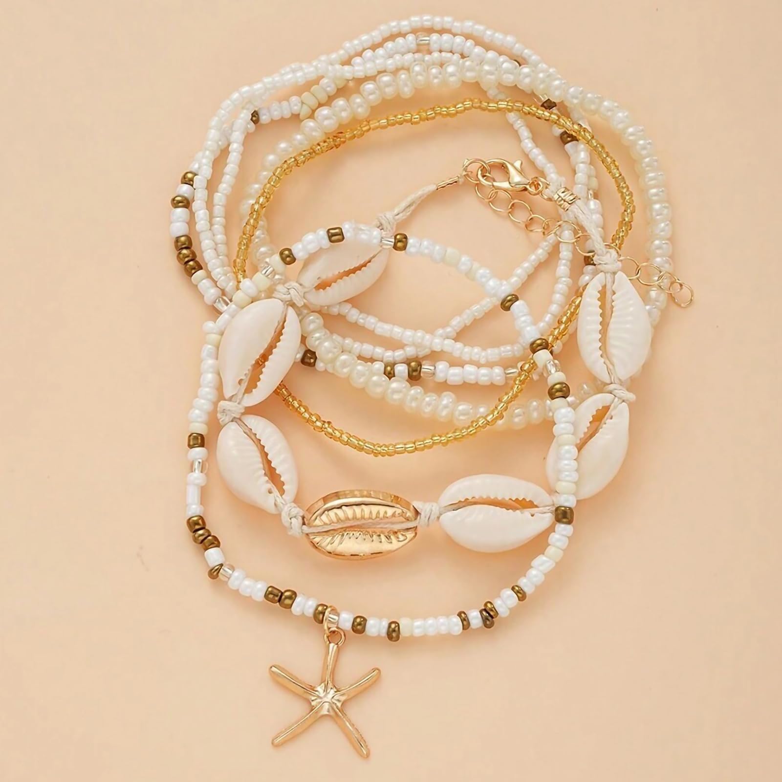 Shell Ankle Bracelet Set for Women, 14K Gold Boho Bead Adjustable Anklet, Hawaiian Beach Seashell Pearl Heart Starfish Conch Foot Jewelry Gifts - Hawaiian Flair