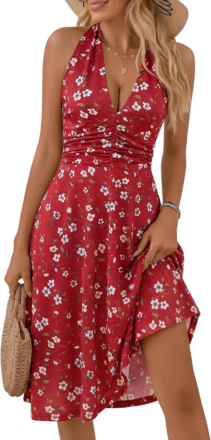 Women's Floral Halter Neck Sundress with Pockets