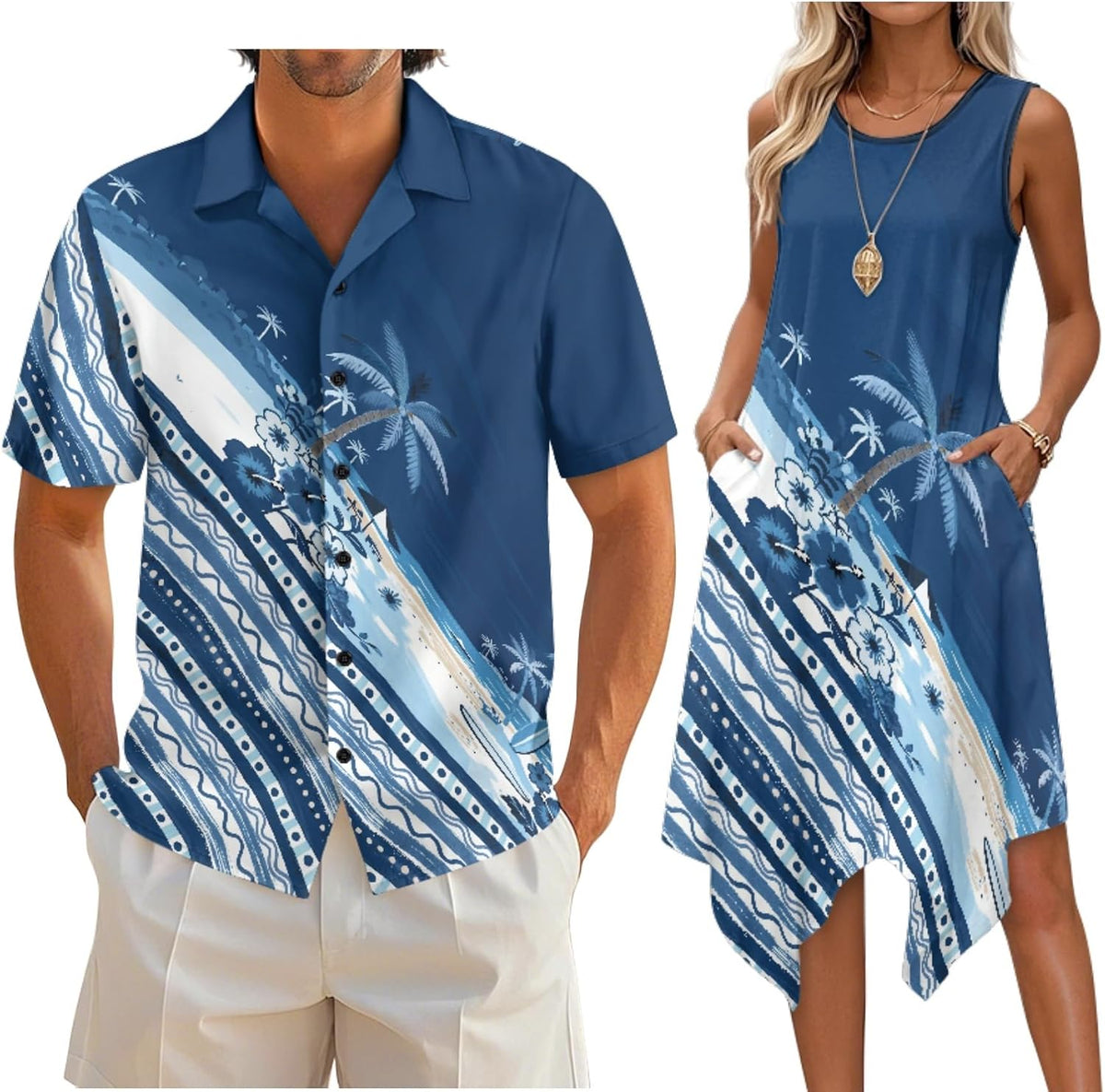 Couple Matching Outfit Hawaiian Men's Button Down Shirt Sleeveless Sundresses Dress Summer Dress for Women 2026