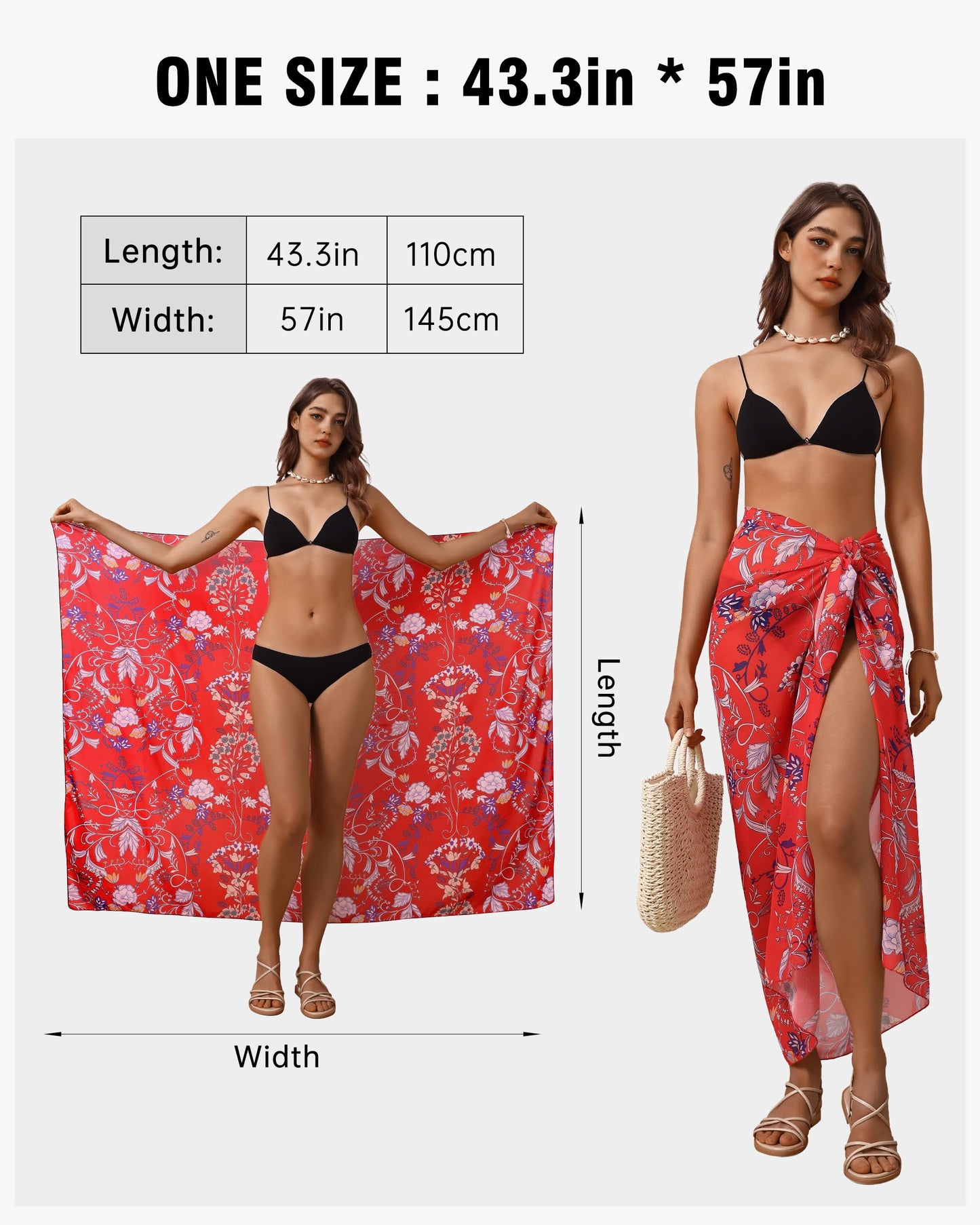 Eicolorte Womens Beach Cover Up Chiffon Sheer Bikini Beach Swimsuit Coverup Sarong Pareo Wraps for Women