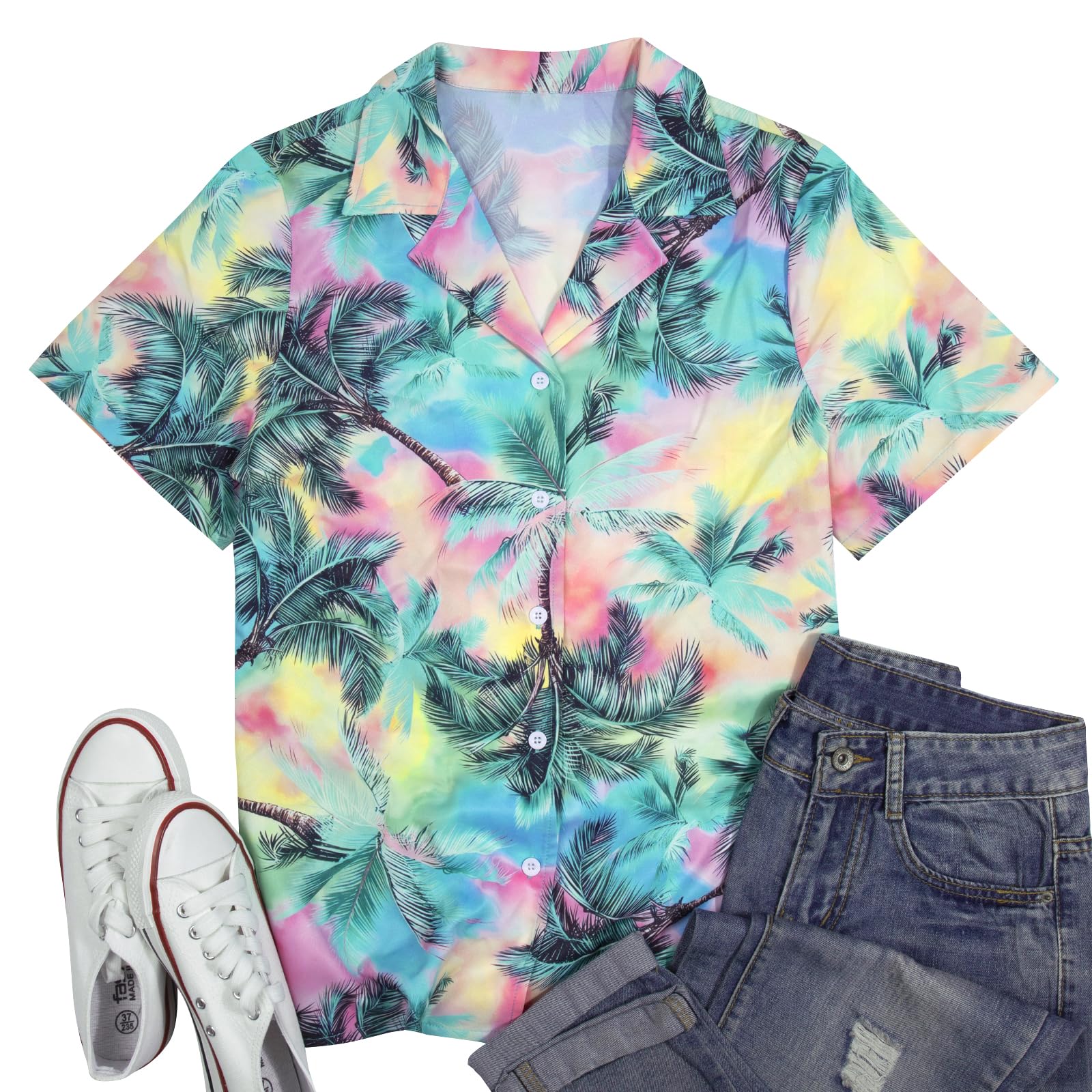 Women Hawaiian Shirt Soft Cool Summer Hawaii Tshirts Beach Tropic Print V Neck Button up Tops Floral Short Sleeve Tops - Hawaiian Flair