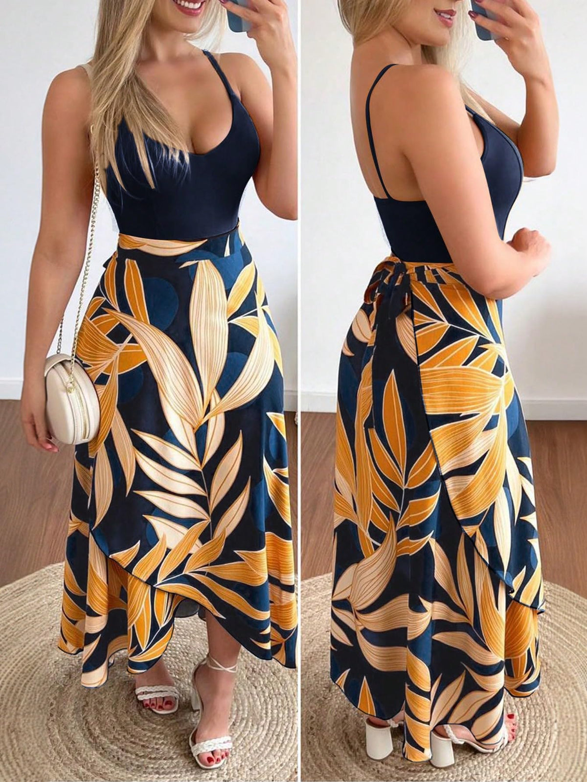 SKAYS Tropical Dresses for Women Summer Wrap Dress Boho Spaghetti Strap Backless Slit Thigh Maxi Dress