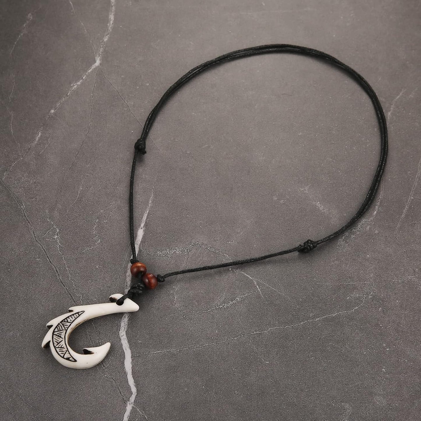 HZMAN Hawaiian Fish Hook Pendant Hemp Cord Chain - Maori Tribal Necklace