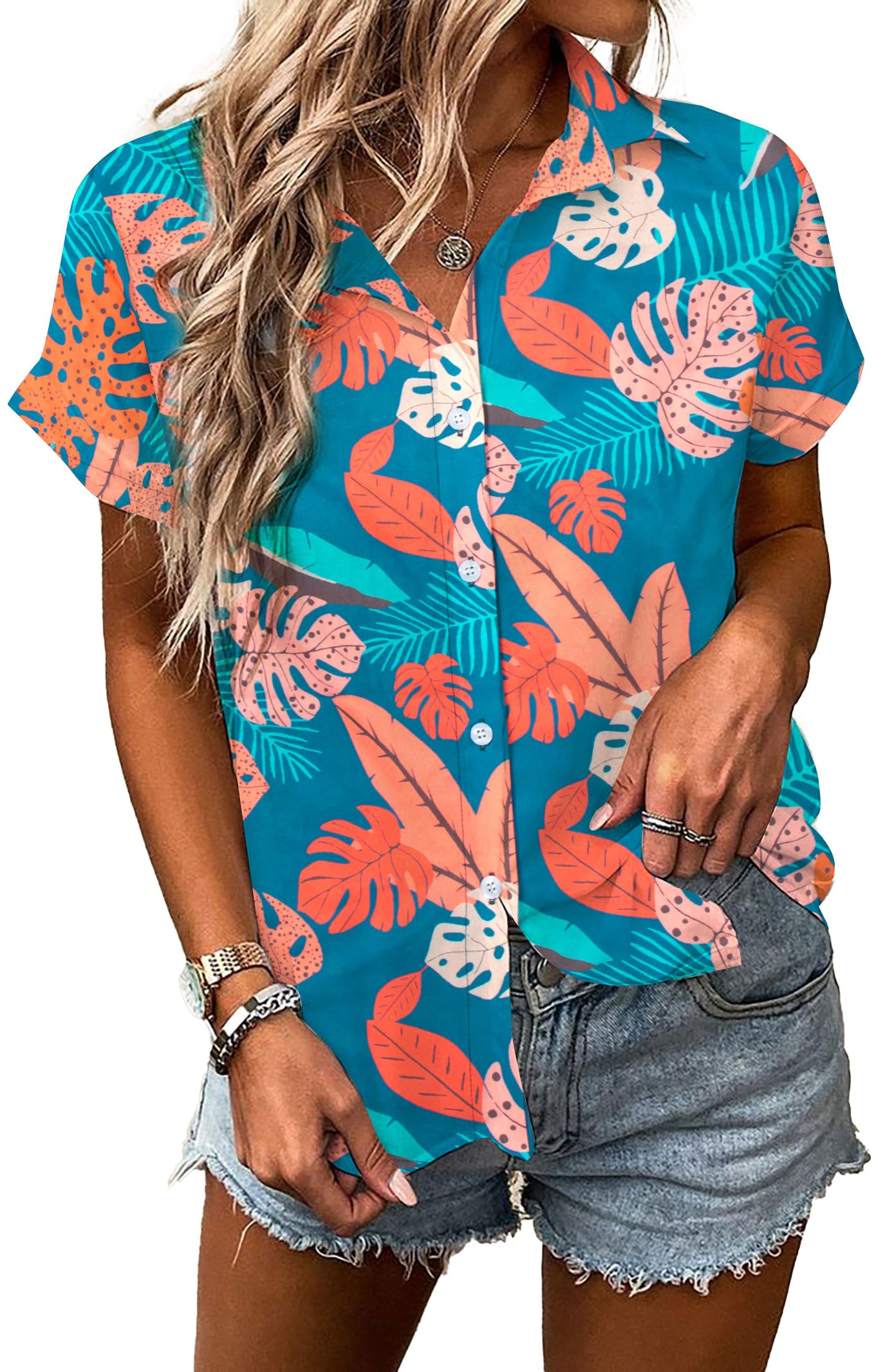 MYHALF Women Hawaiian Shirt Soft Cool Summer Hawaii Shirts Floral Tropic Print V Neck T-Shirt Short Sleeve Button Up Tops - Hawaiian Flair