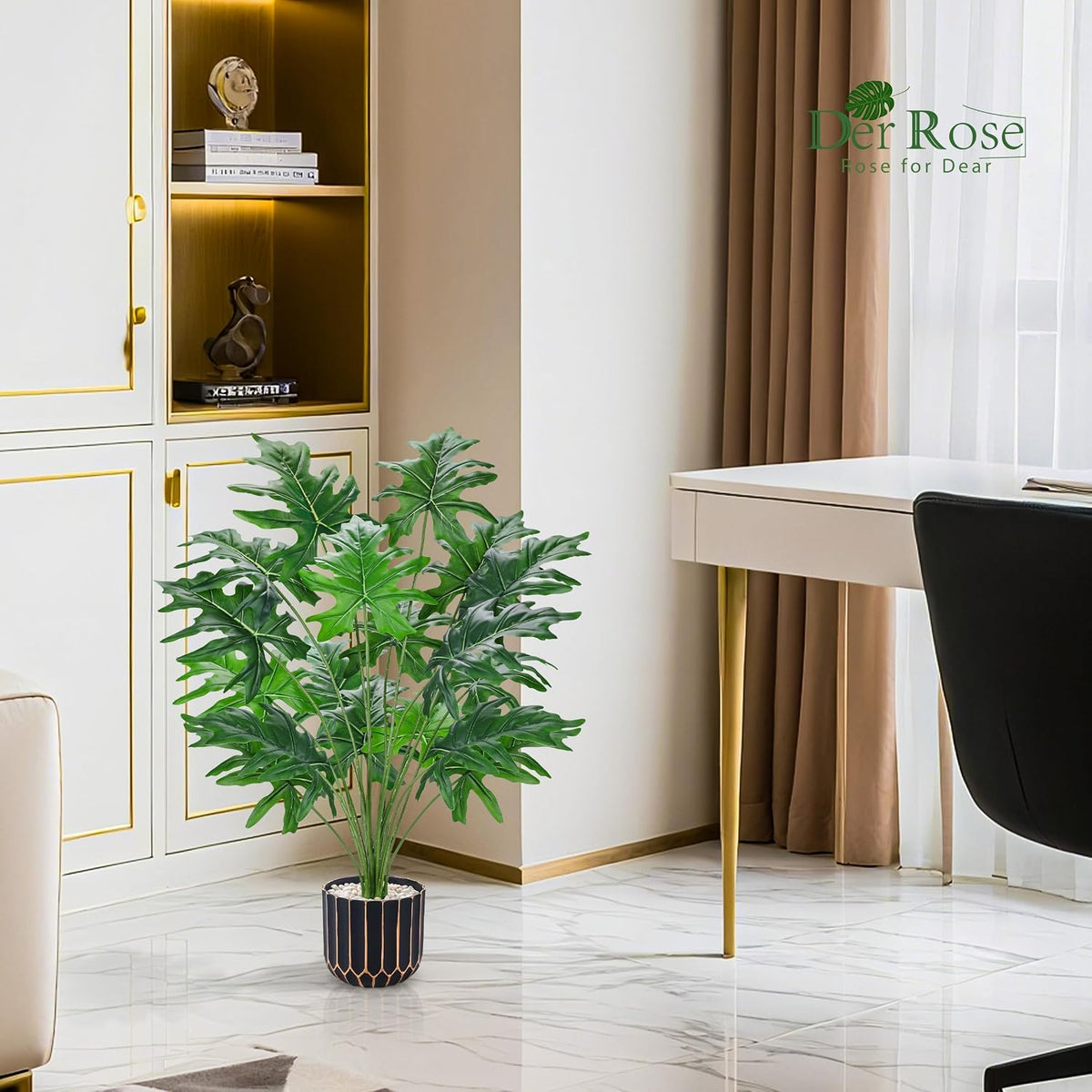 Der Rose 28" Fake Plants, Monstera Plant in Black Gold Pot for Home Decor